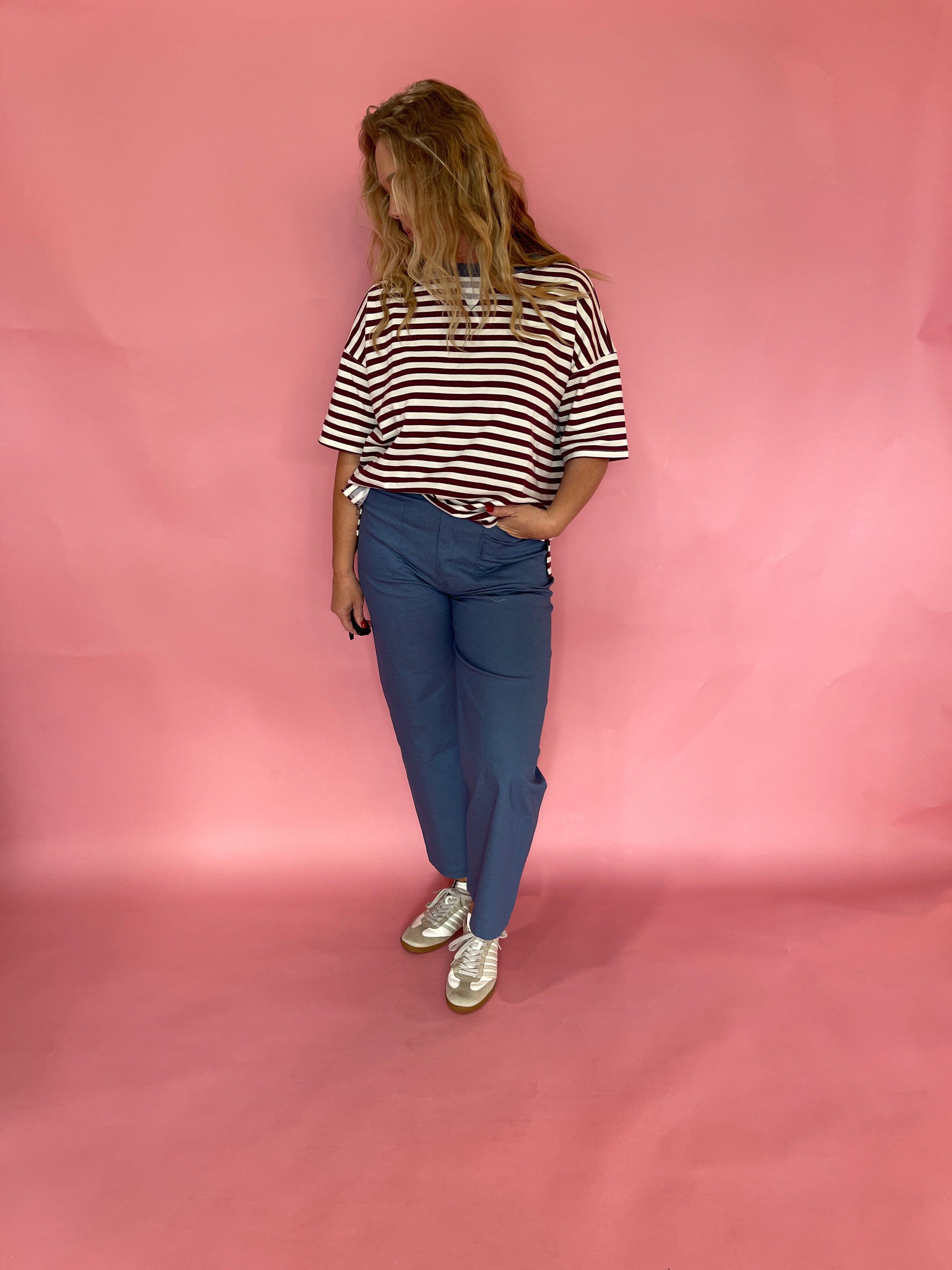 Block Party Stripe Colorblock Knit Tee in Burgundy