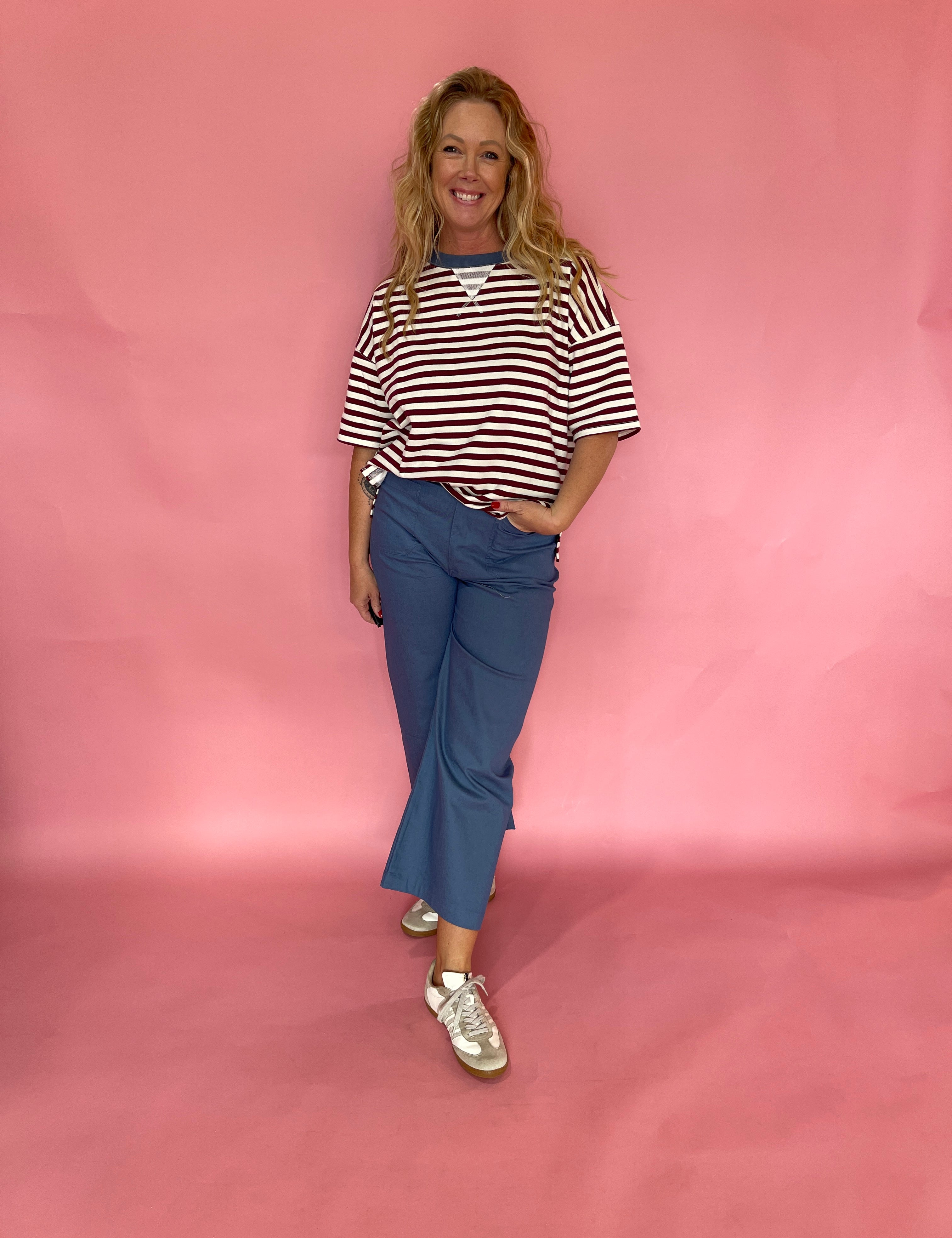 Block Party Stripe Colorblock Knit Tee in Burgundy