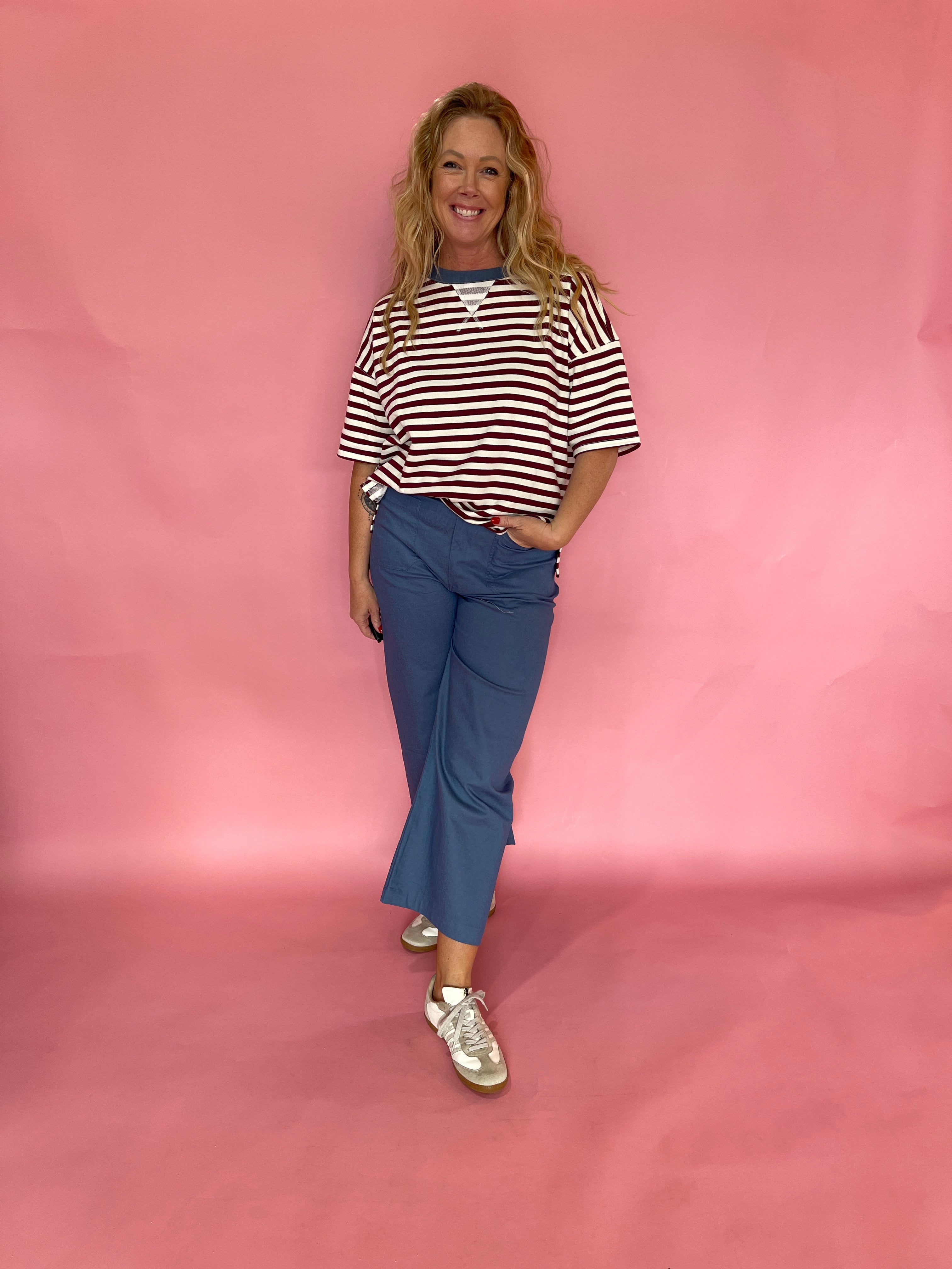 Block Party Stripe Colorblock Knit Tee in Burgundy