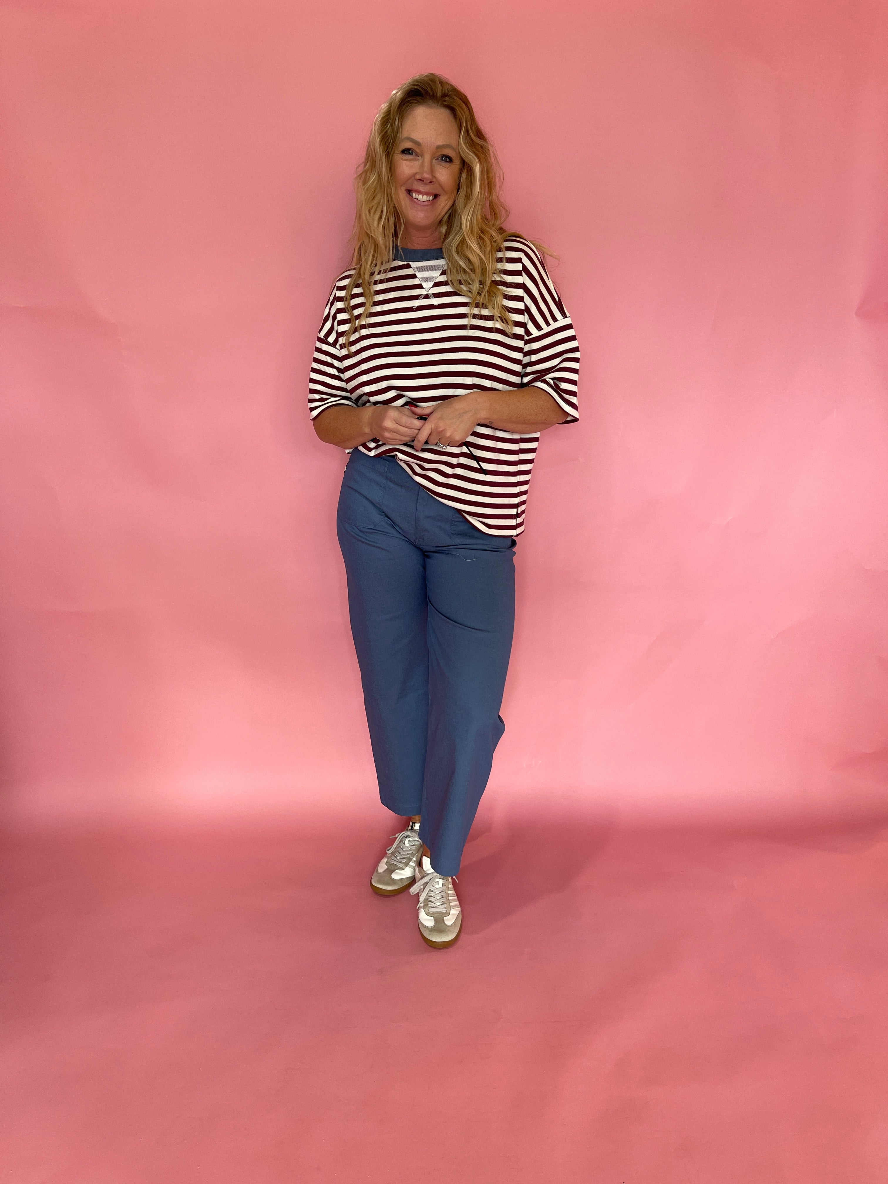 Block Party Stripe Colorblock Knit Tee in Burgundy
