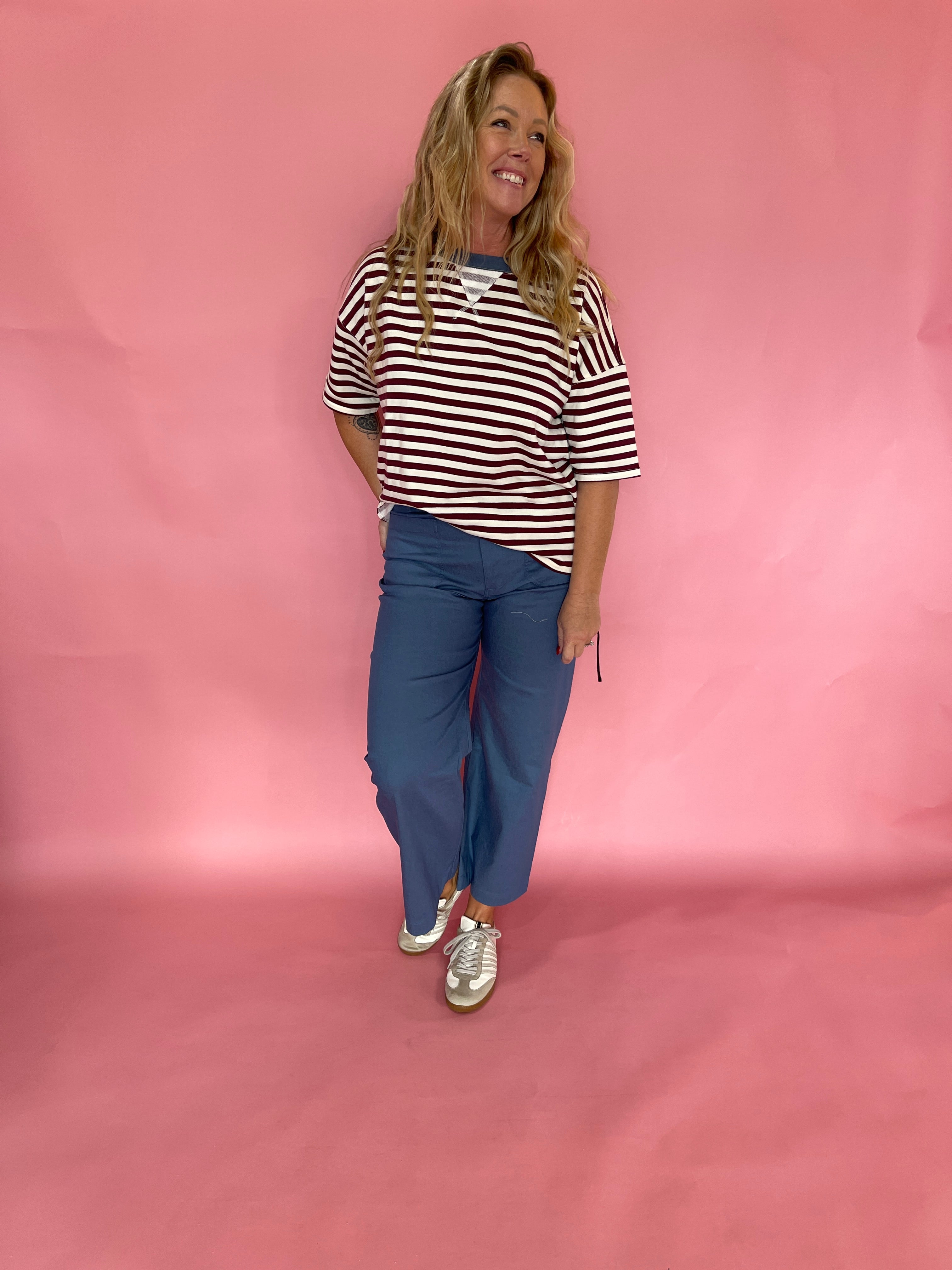 Block Party Stripe Colorblock Knit Tee in Burgundy