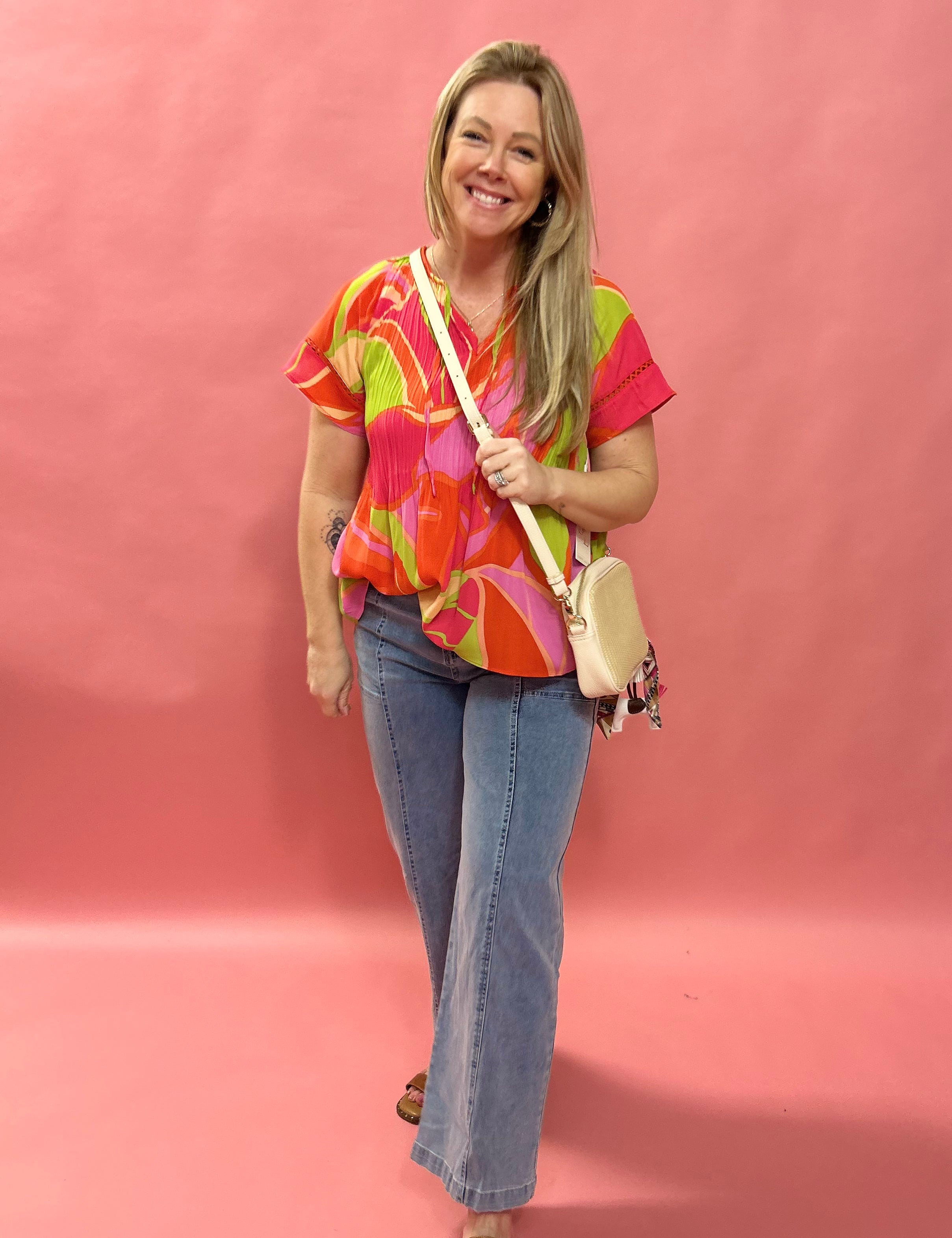 Bloom & Flow: Bright Floral Mini Pleat Tie-Front Blouse