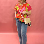 Bloom & Flow: Bright Floral Mini Pleat Tie-Front Blouse