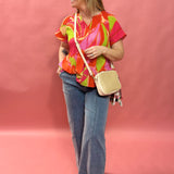 Bloom & Flow: Bright Floral Mini Pleat Tie-Front Blouse