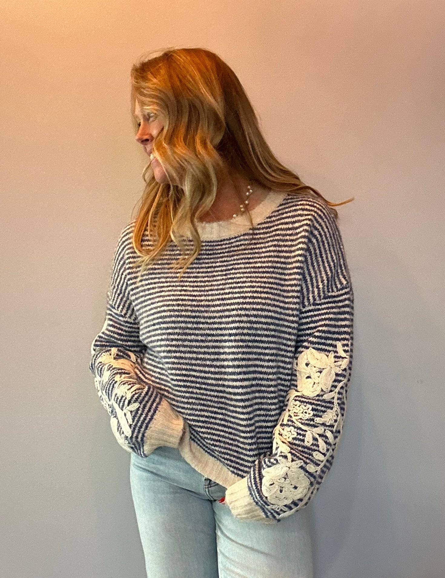 Bloom & Stripe Embroidered Sweater Top