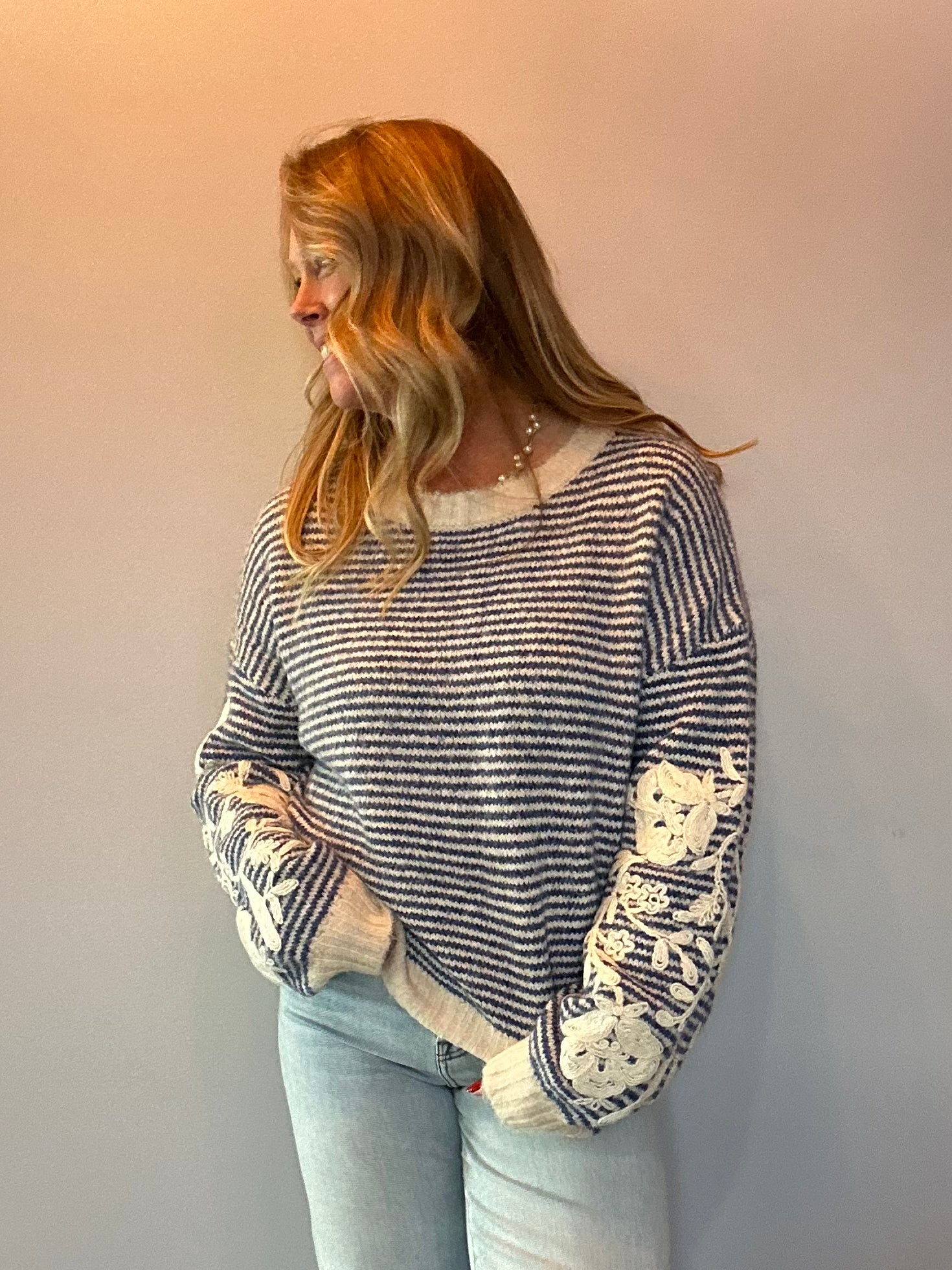 Bloom & Stripe Embroidered Sweater Top