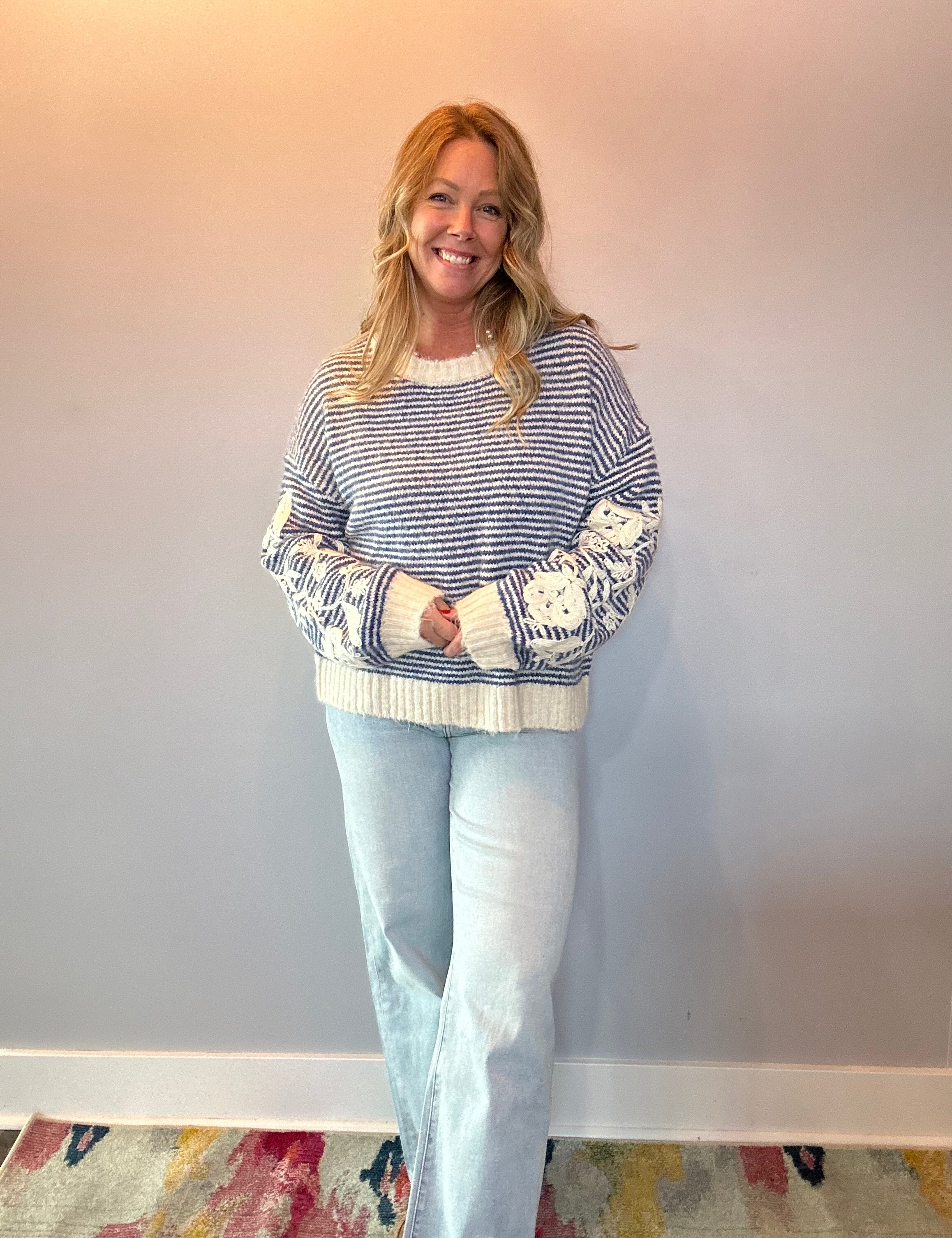 Bloom & Stripe Embroidered Sweater Top