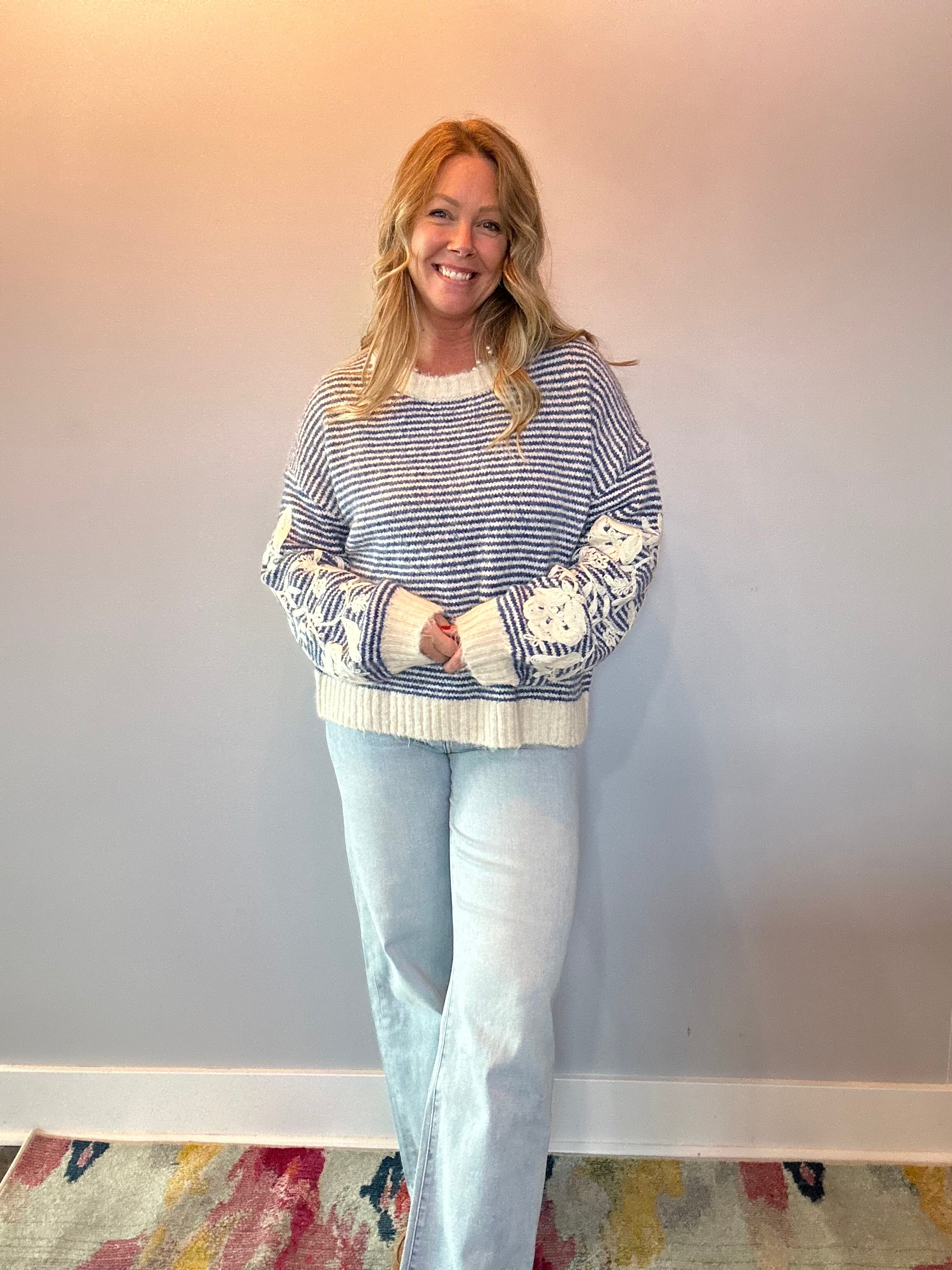 Bloom & Stripe Embroidered Sweater Top