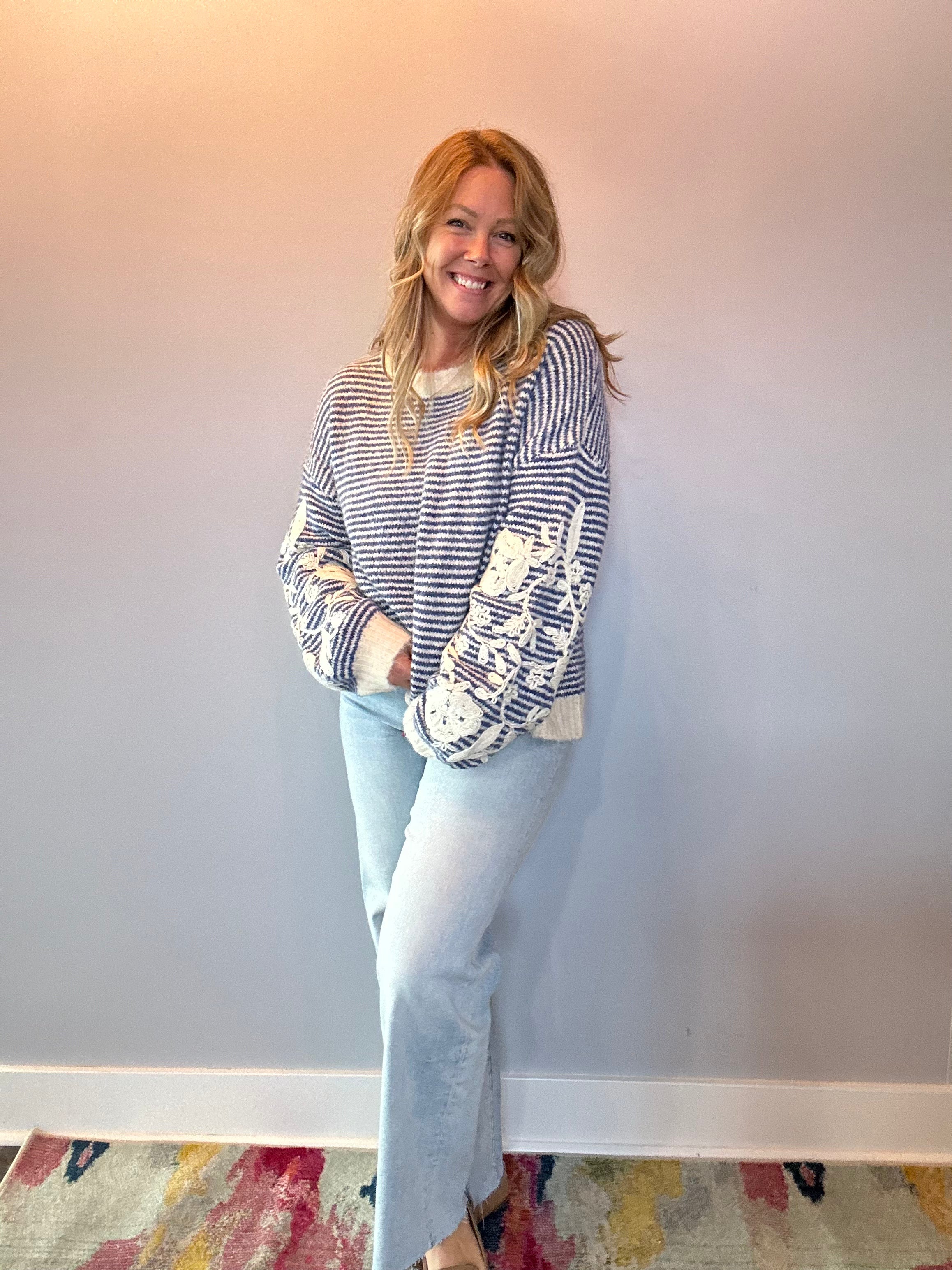 Bloom & Stripe Embroidered Sweater Top