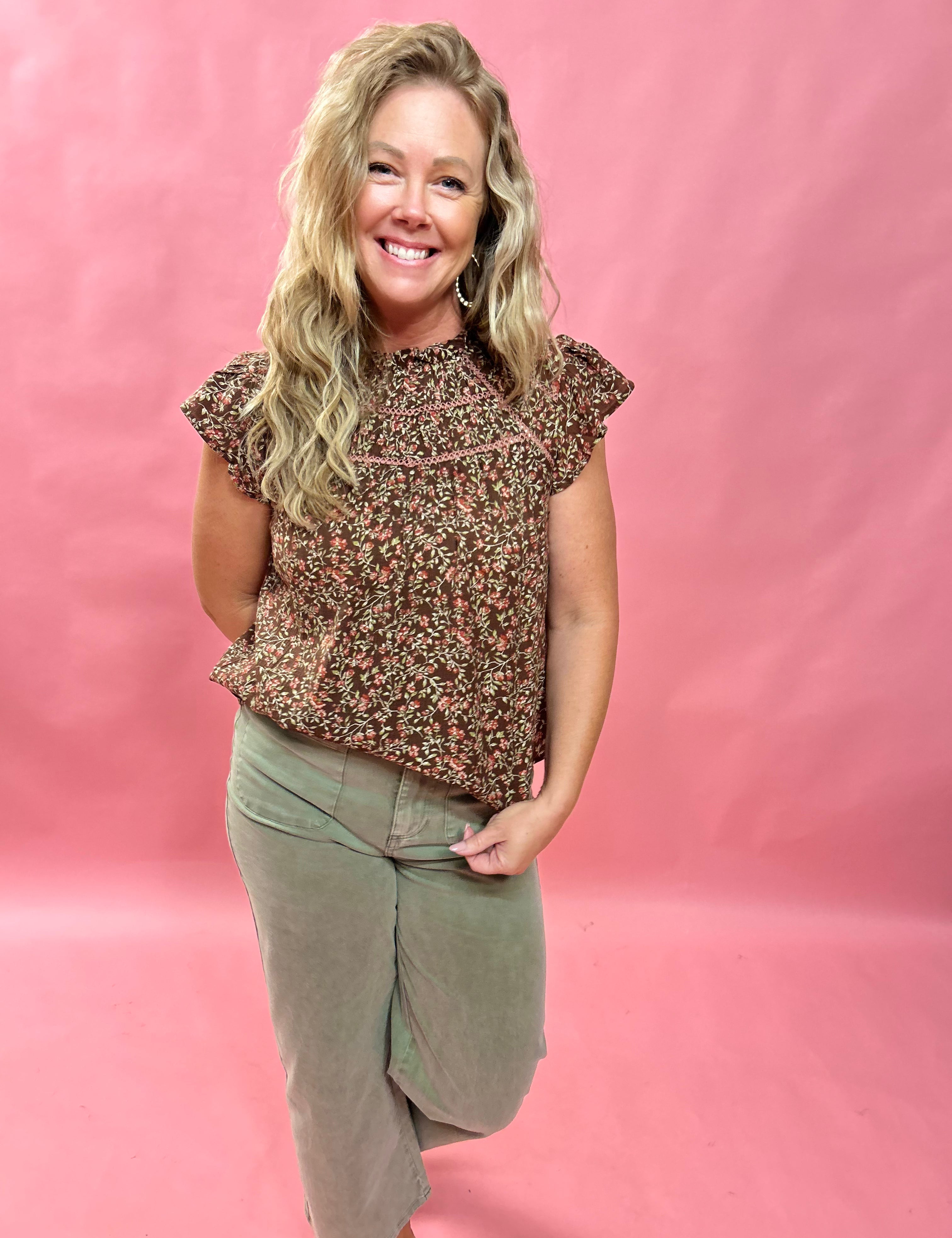 Blooms Ruffle Lace Top in Brown