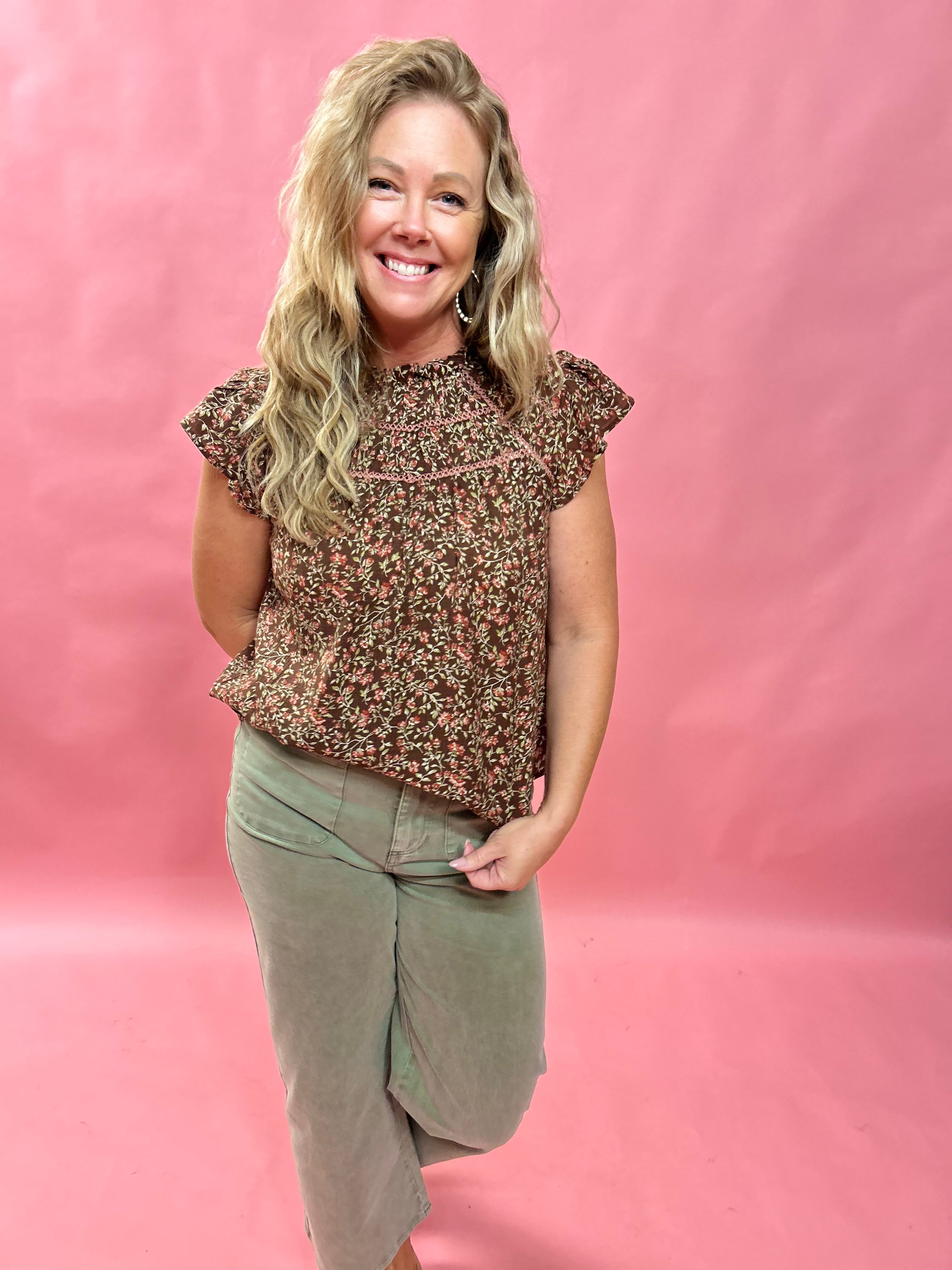 Blooms Ruffle Lace Top in Brown