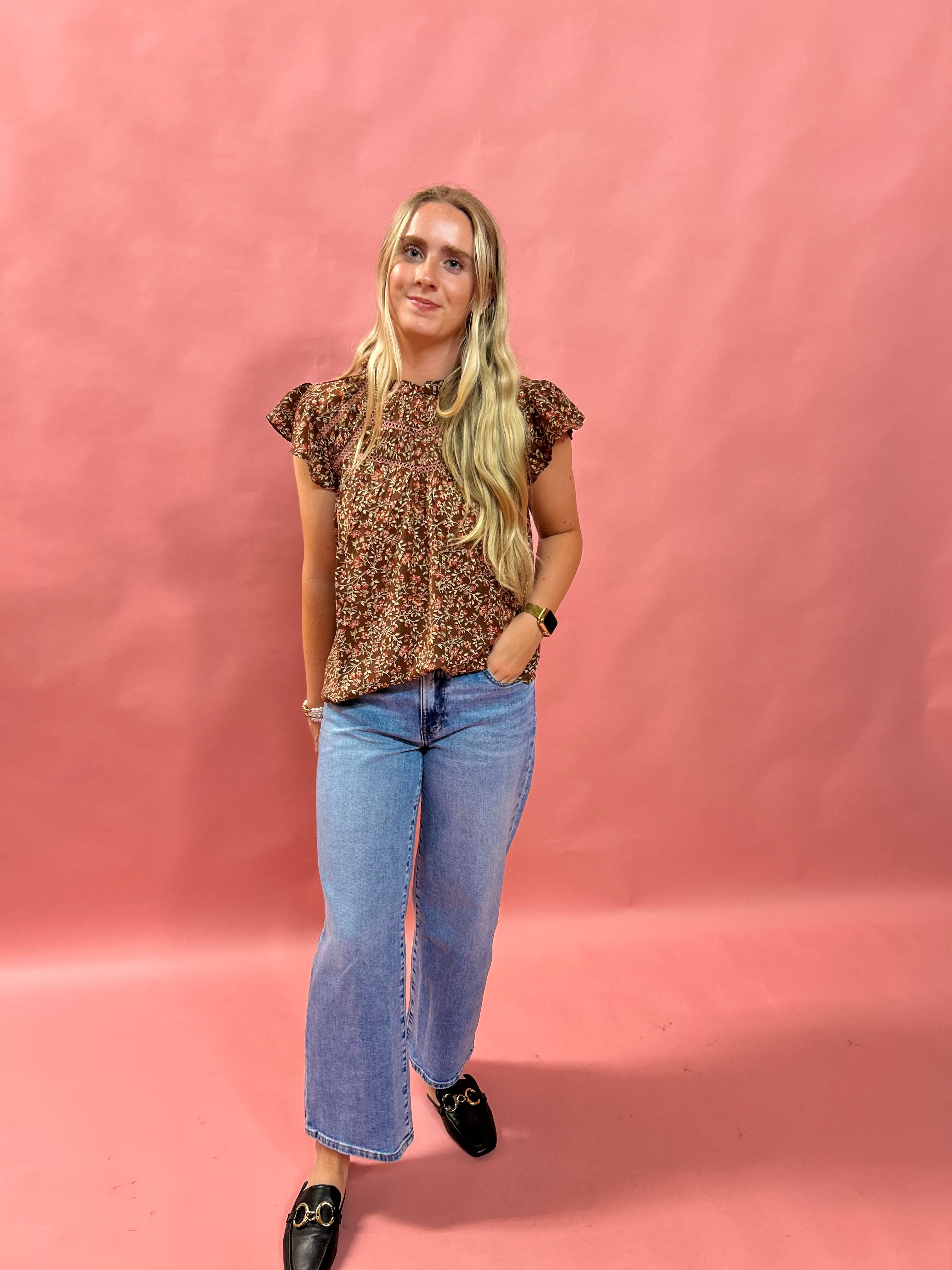 Blooms Ruffle Lace Top in Brown