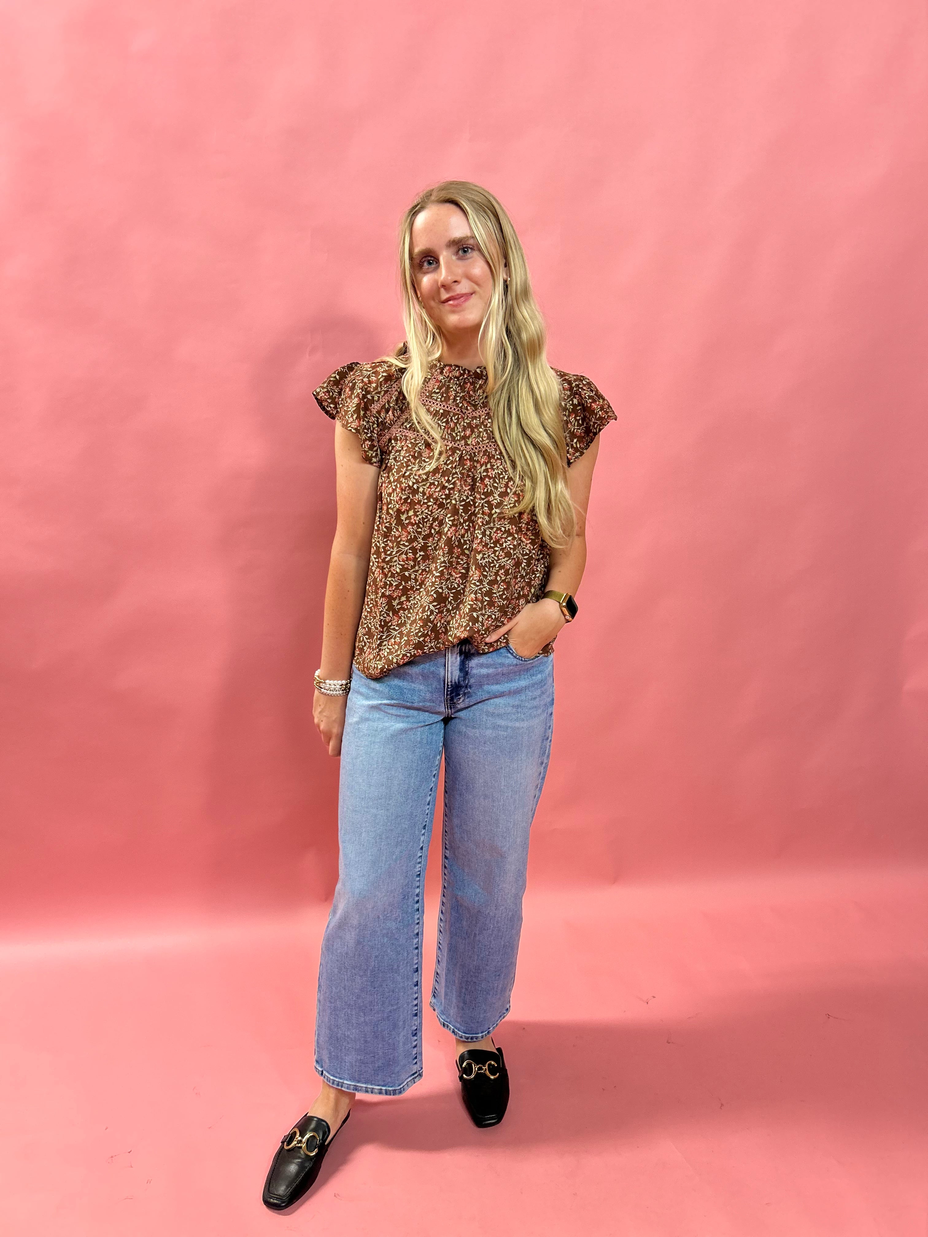 Blooms Ruffle Lace Top in Brown