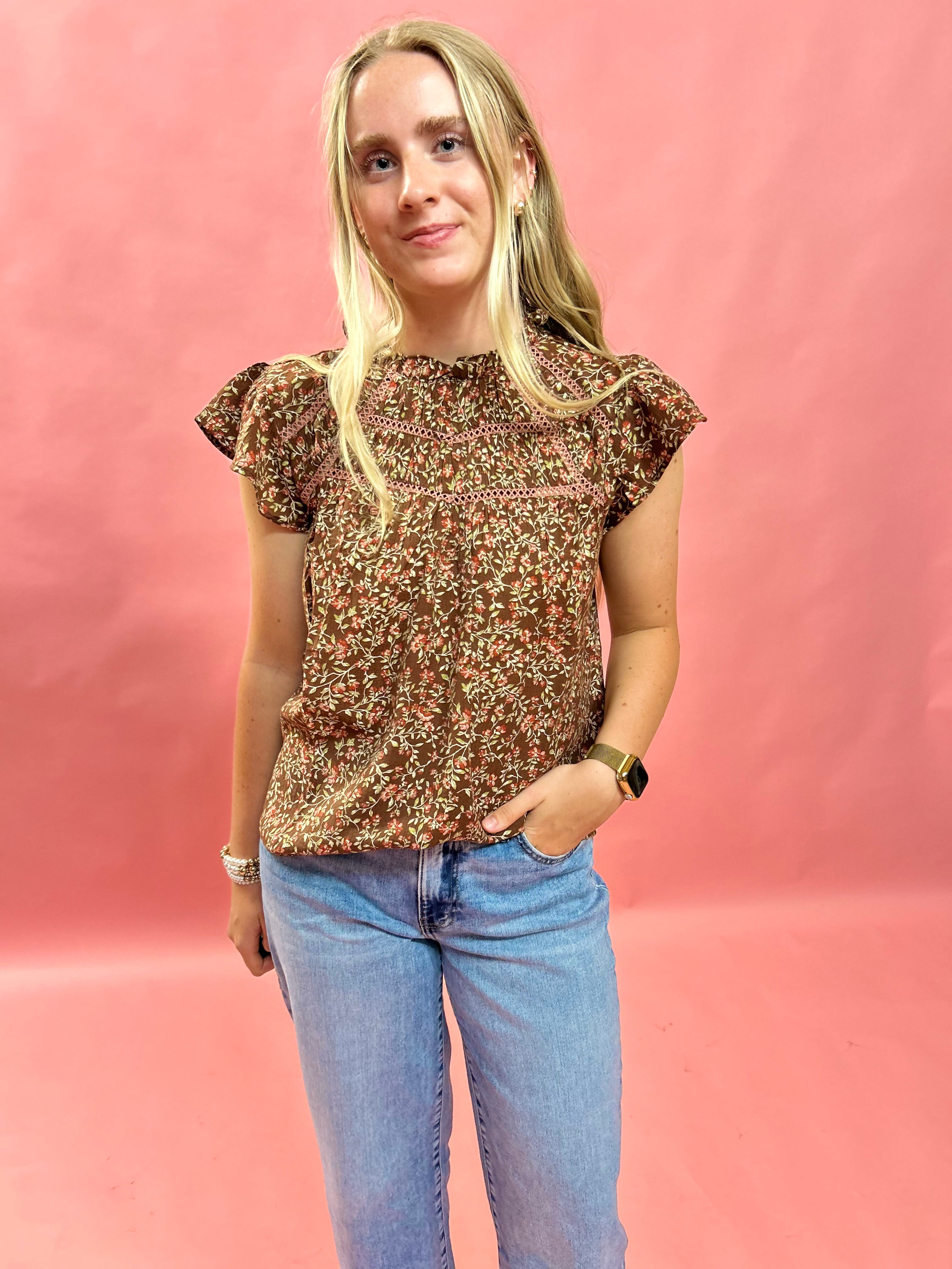 Blooms Ruffle Lace Top in Brown