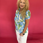 Blue Hydrangea Floral Striped Patchwork V-Neck Blouse