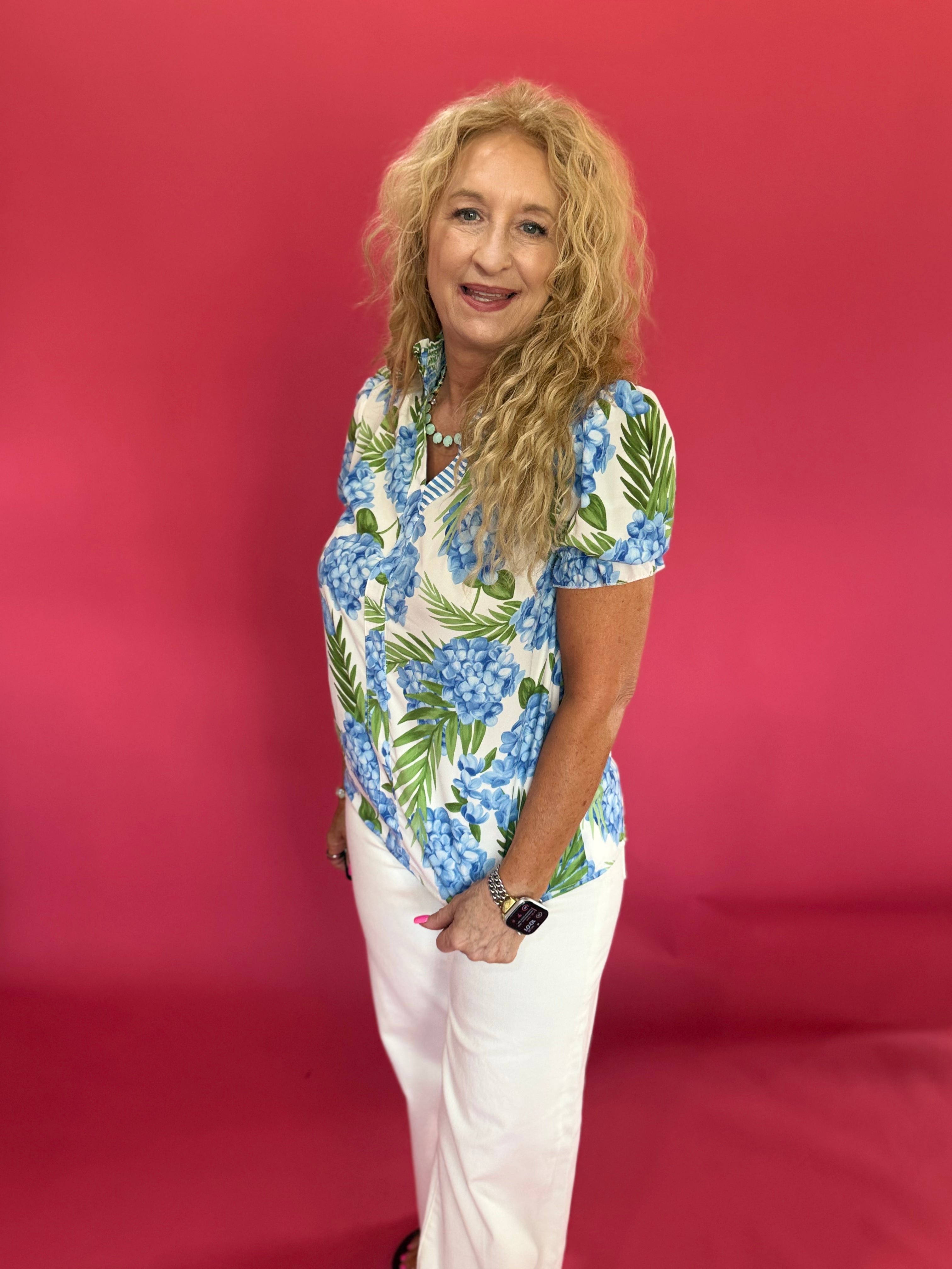Blue Hydrangea Floral Striped Patchwork V-Neck Blouse