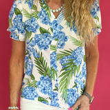 Blue Hydrangea Floral Striped Patchwork V-Neck Blouse