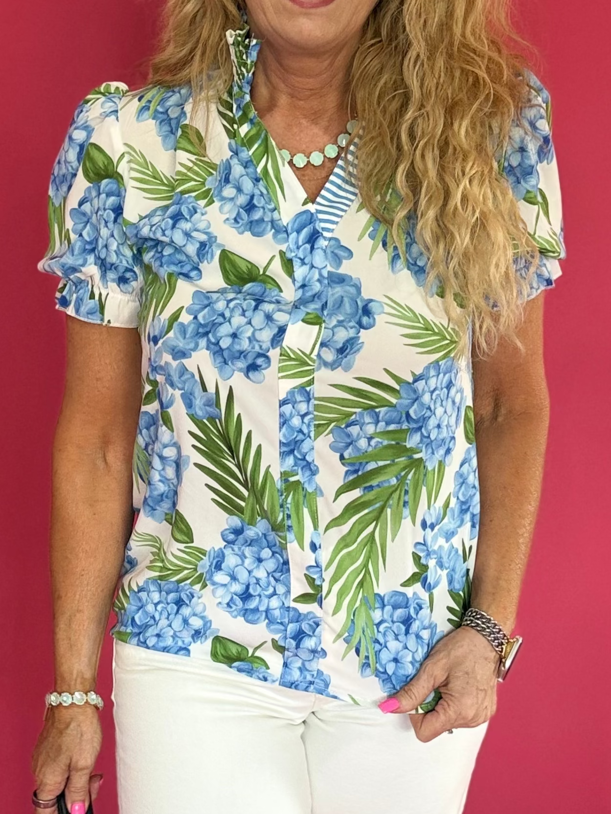 Blue Hydrangea Floral Striped Patchwork V-Neck Blouse