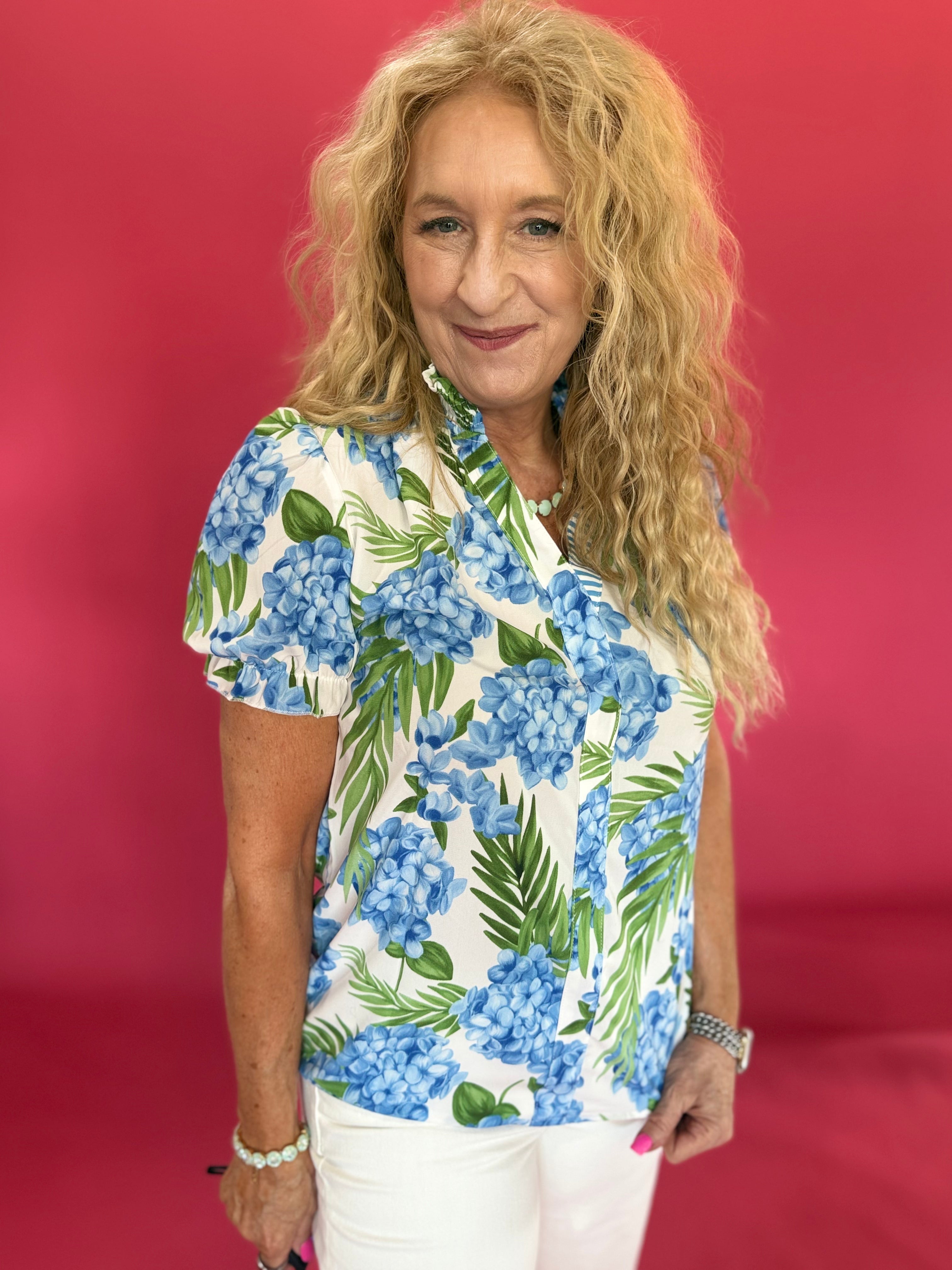 Blue Hydrangea Floral Striped Patchwork V-Neck Blouse