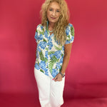 Blue Hydrangea Floral Striped Patchwork V-Neck Blouse