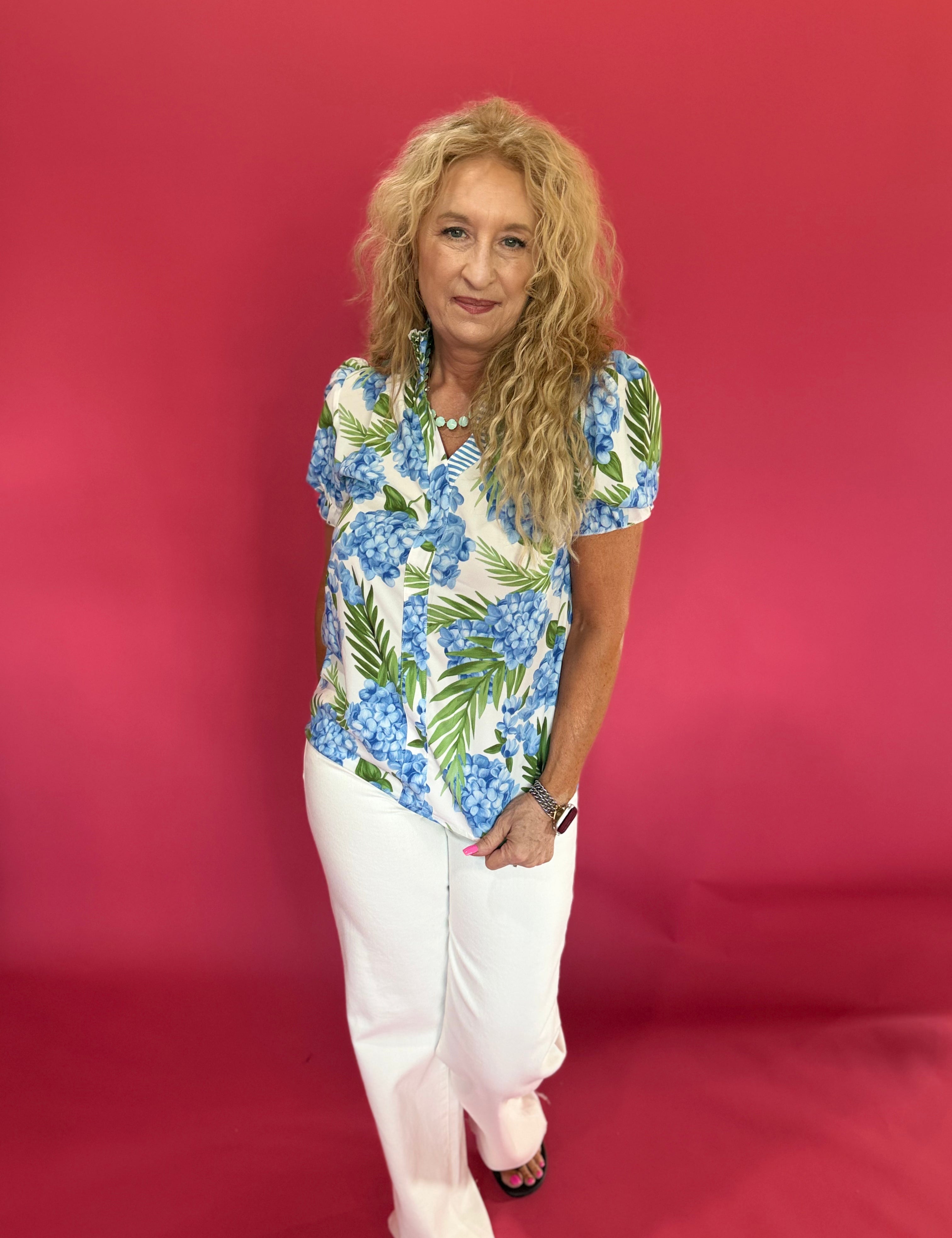 Blue Hydrangea Floral Striped Patchwork V-Neck Blouse