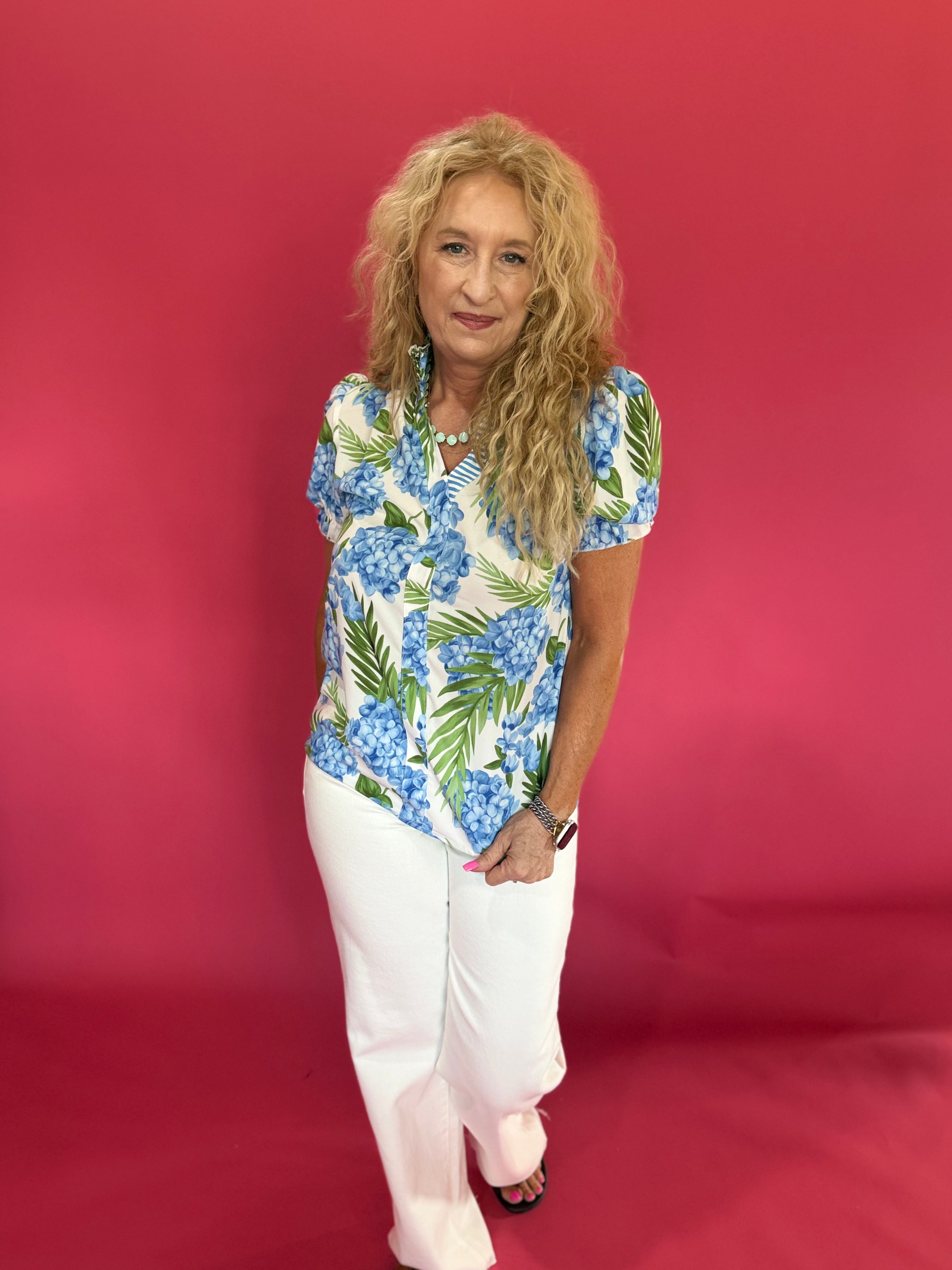 Blue Hydrangea Floral Striped Patchwork V-Neck Blouse