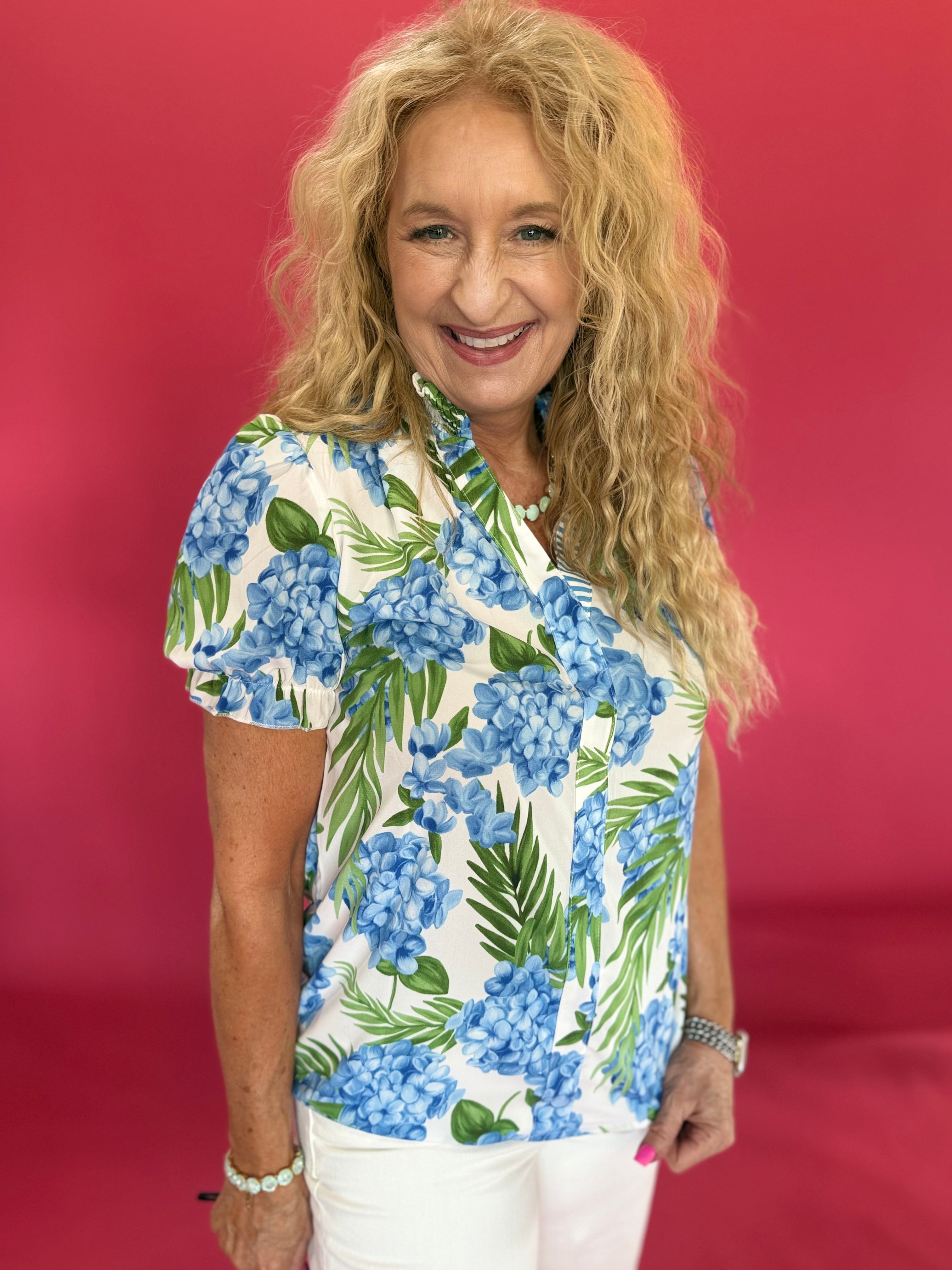 Blue Hydrangea Floral Striped Patchwork V-Neck Blouse