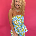 Blue and yellow floral strapless peplum top with self-tie front and smocked back – Shabby 2 Chic Boutiques