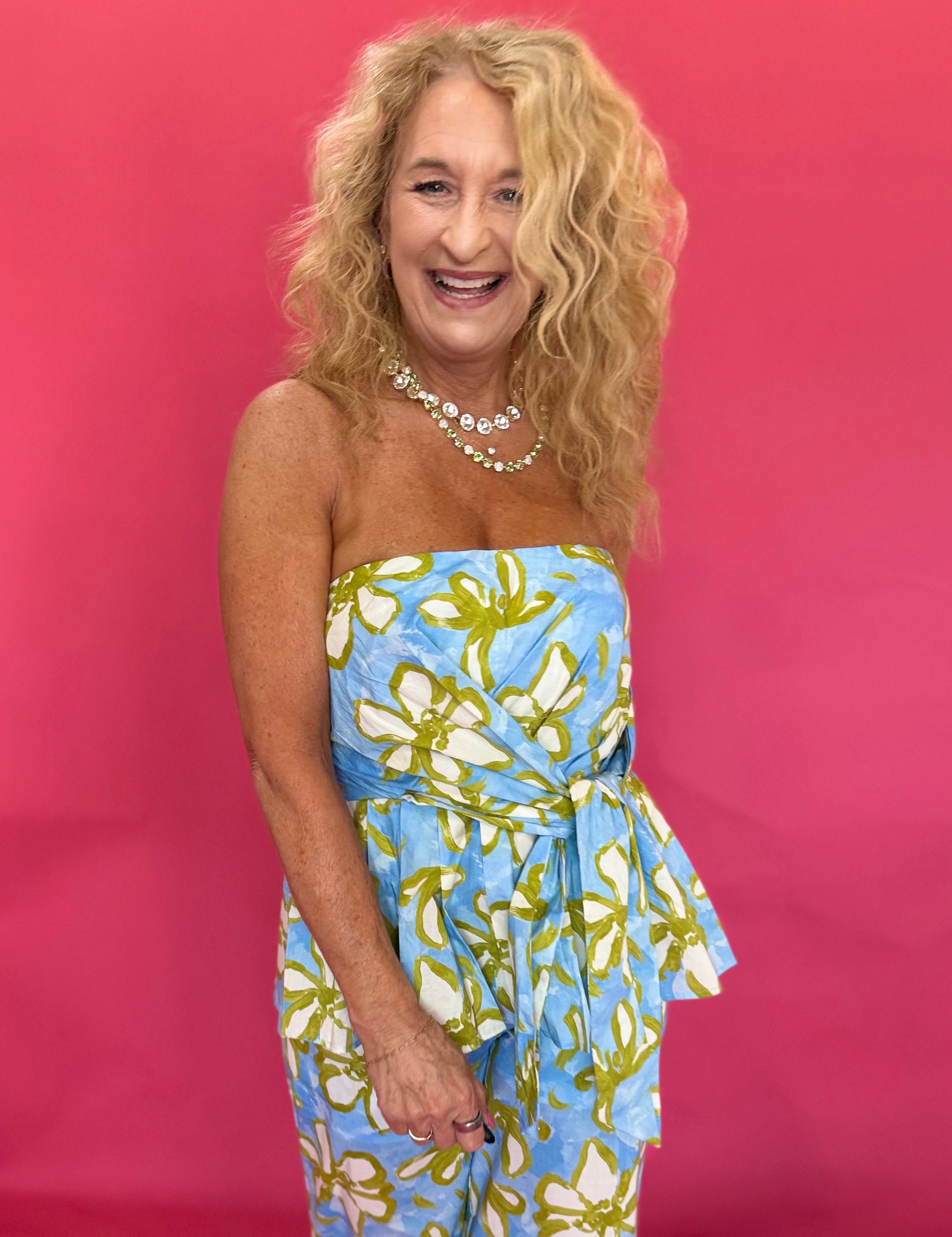 Blue and yellow floral strapless peplum top with self-tie front and smocked back – Shabby 2 Chic Boutiques