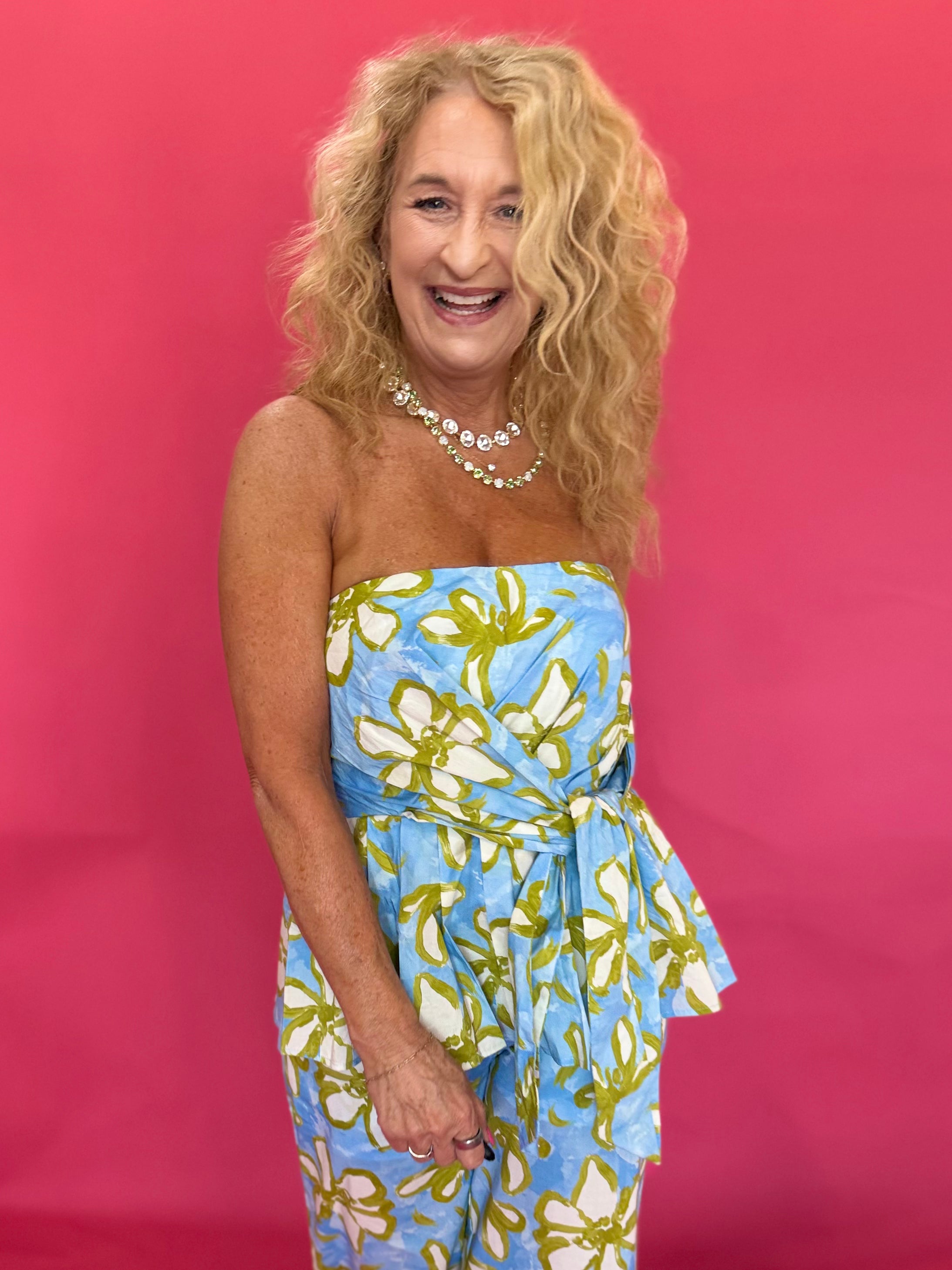 Blue and yellow floral strapless peplum top with self-tie front and smocked back – Shabby 2 Chic Boutiques