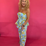 Blue and yellow floral strapless peplum top with self-tie front and smocked back – Shabby 2 Chic Boutiques