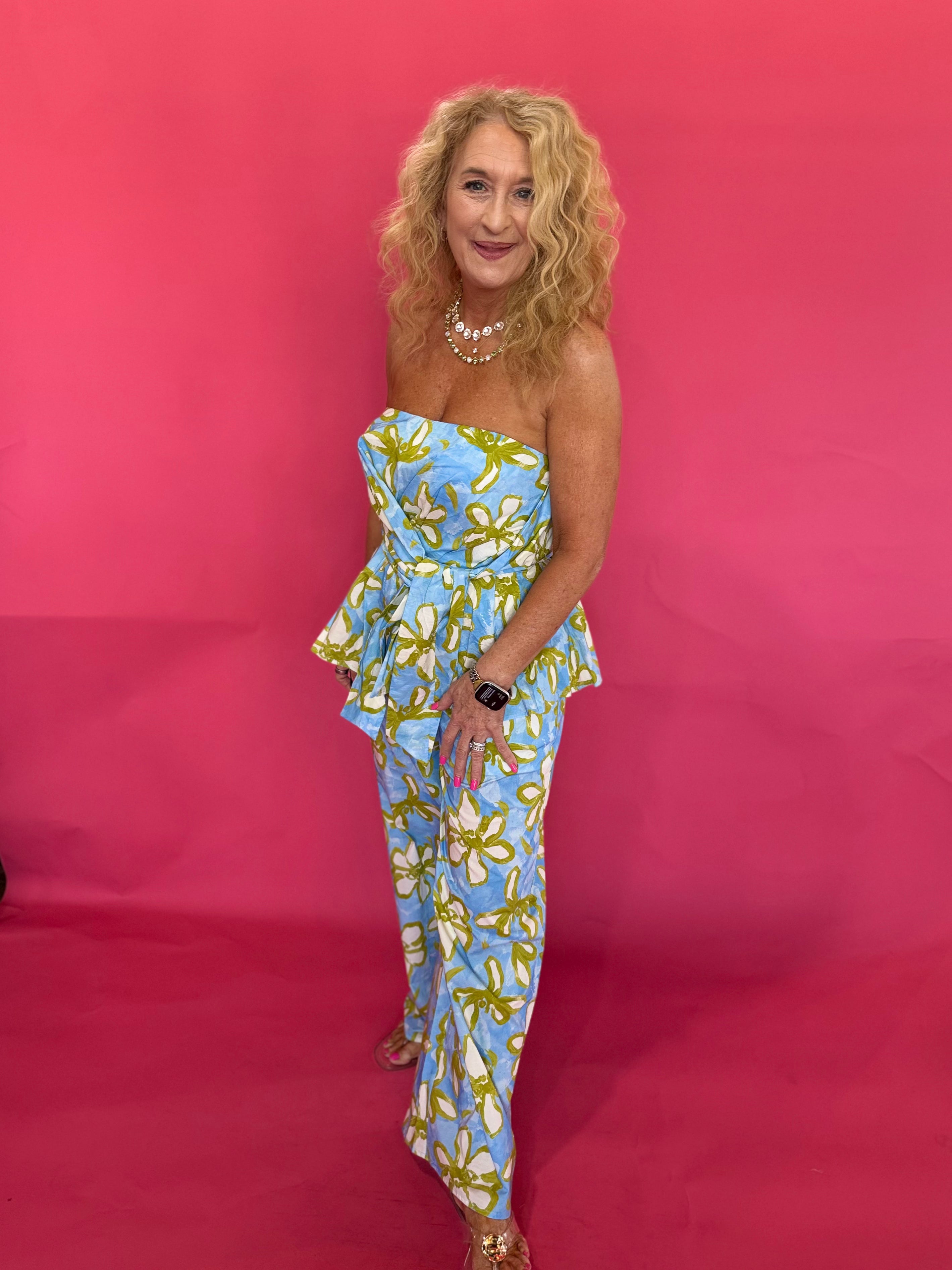 Blue and yellow floral strapless peplum top with self-tie front and smocked back – Shabby 2 Chic Boutiques