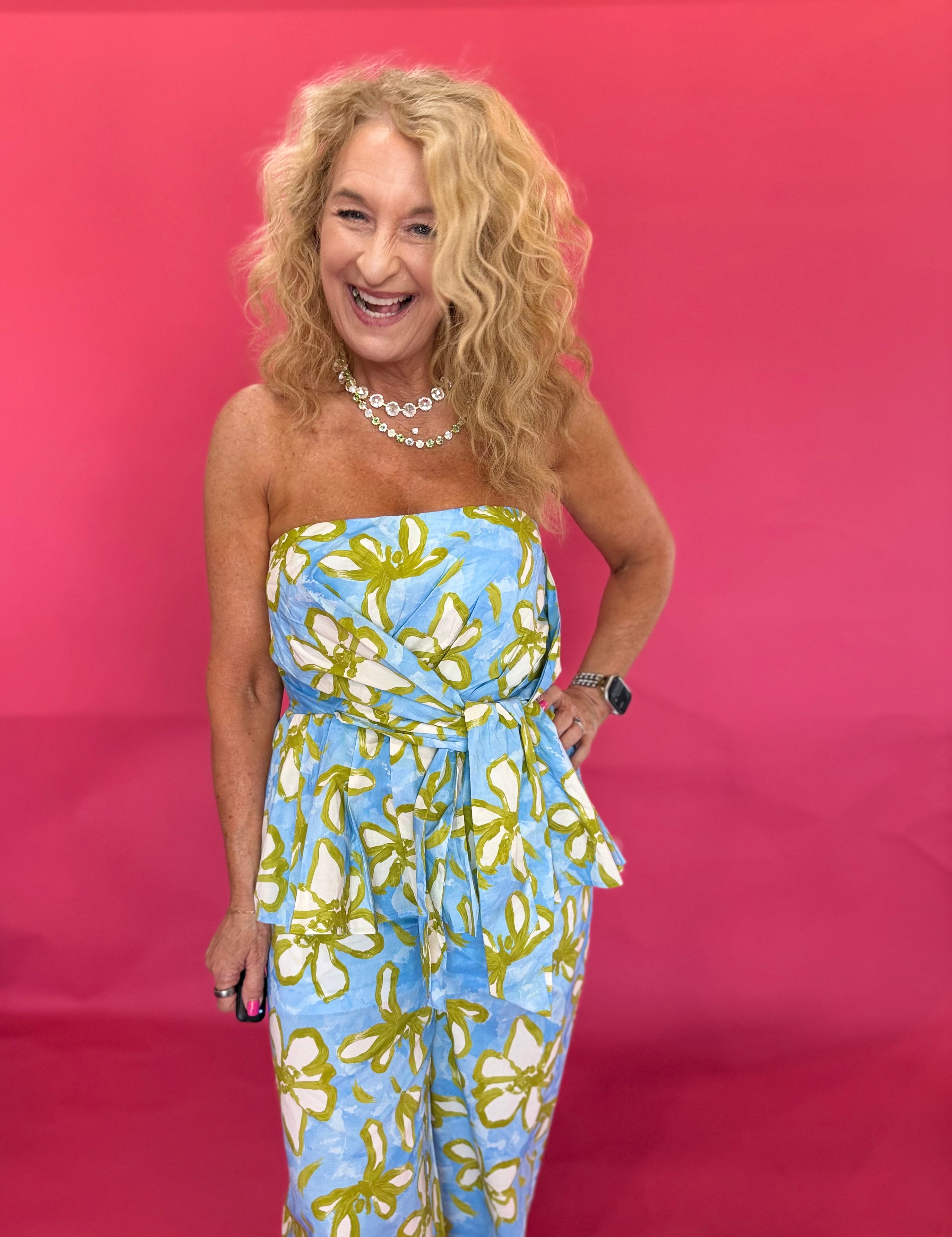 Blue and yellow floral wide-leg pants with elastic drawstring waist and side pockets – Shabby 2 Chic Boutiques