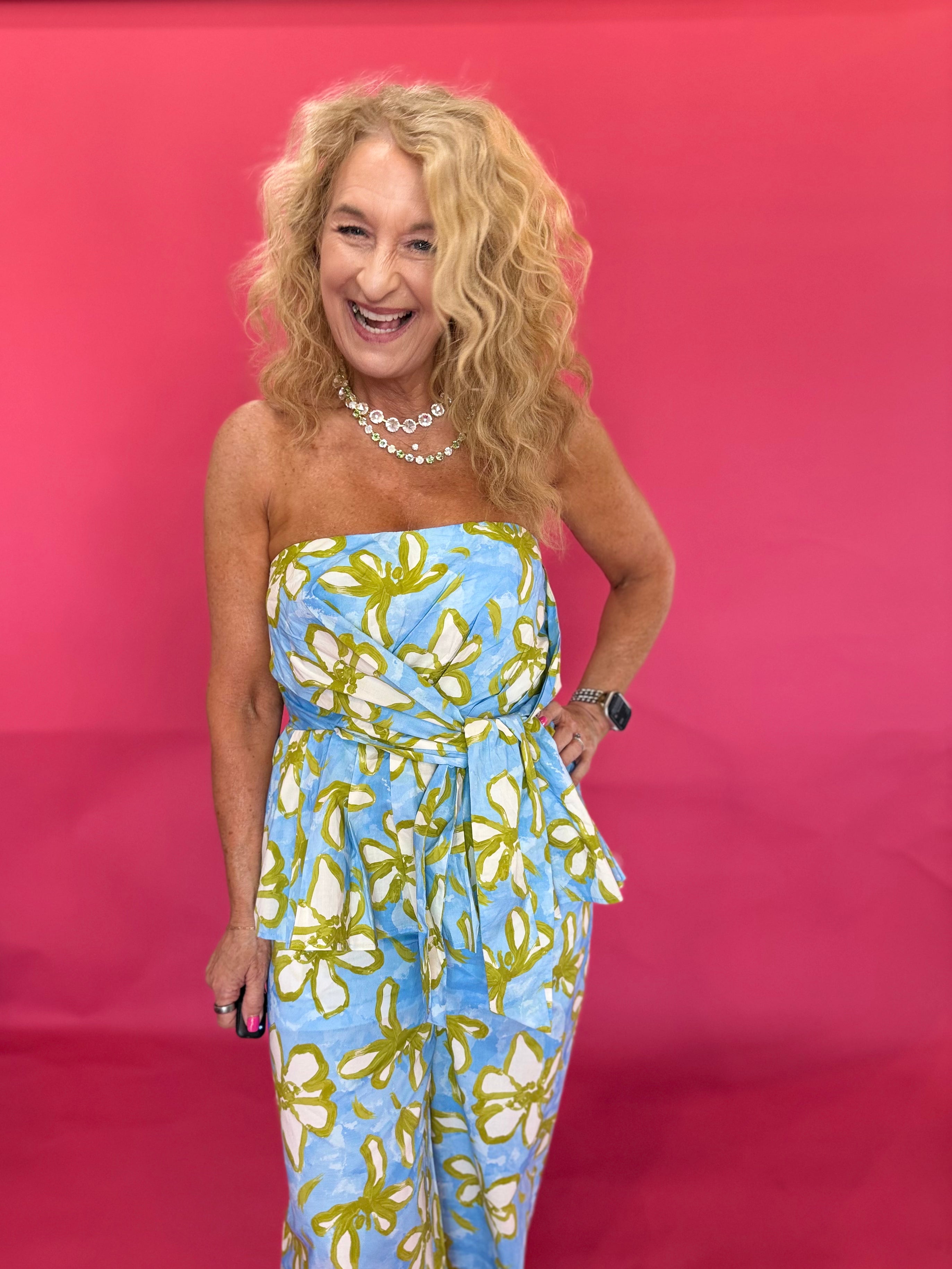 Blue and yellow floral wide-leg pants with elastic drawstring waist and side pockets – Shabby 2 Chic Boutiques