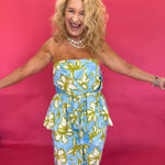 Blue and yellow floral strapless peplum top with self-tie front and smocked back – Shabby 2 Chic Boutiques