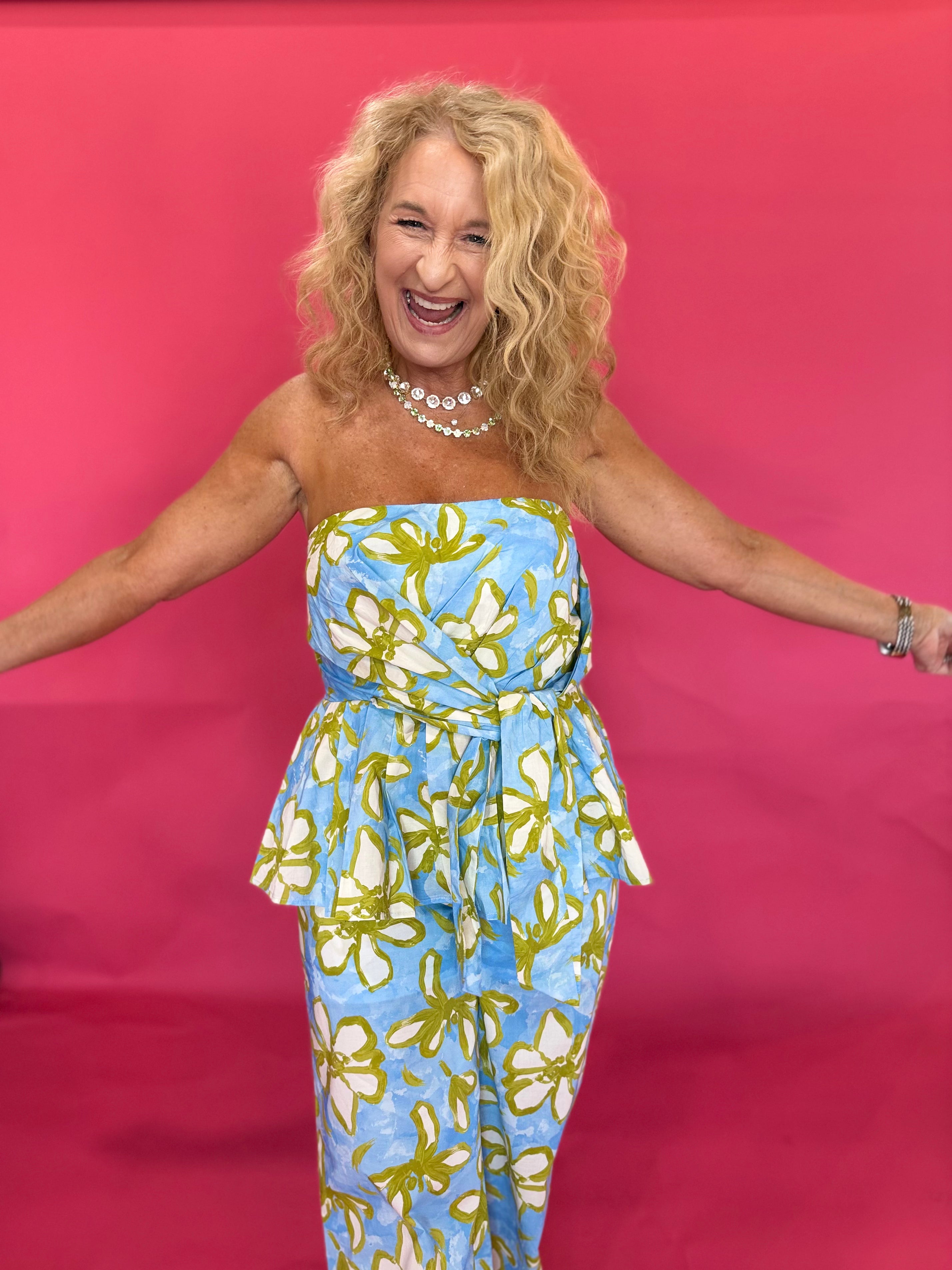 Blue and yellow floral strapless peplum top with self-tie front and smocked back – Shabby 2 Chic Boutiques