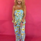 Blue and yellow floral strapless peplum top with self-tie front and smocked back – Shabby 2 Chic Boutiques