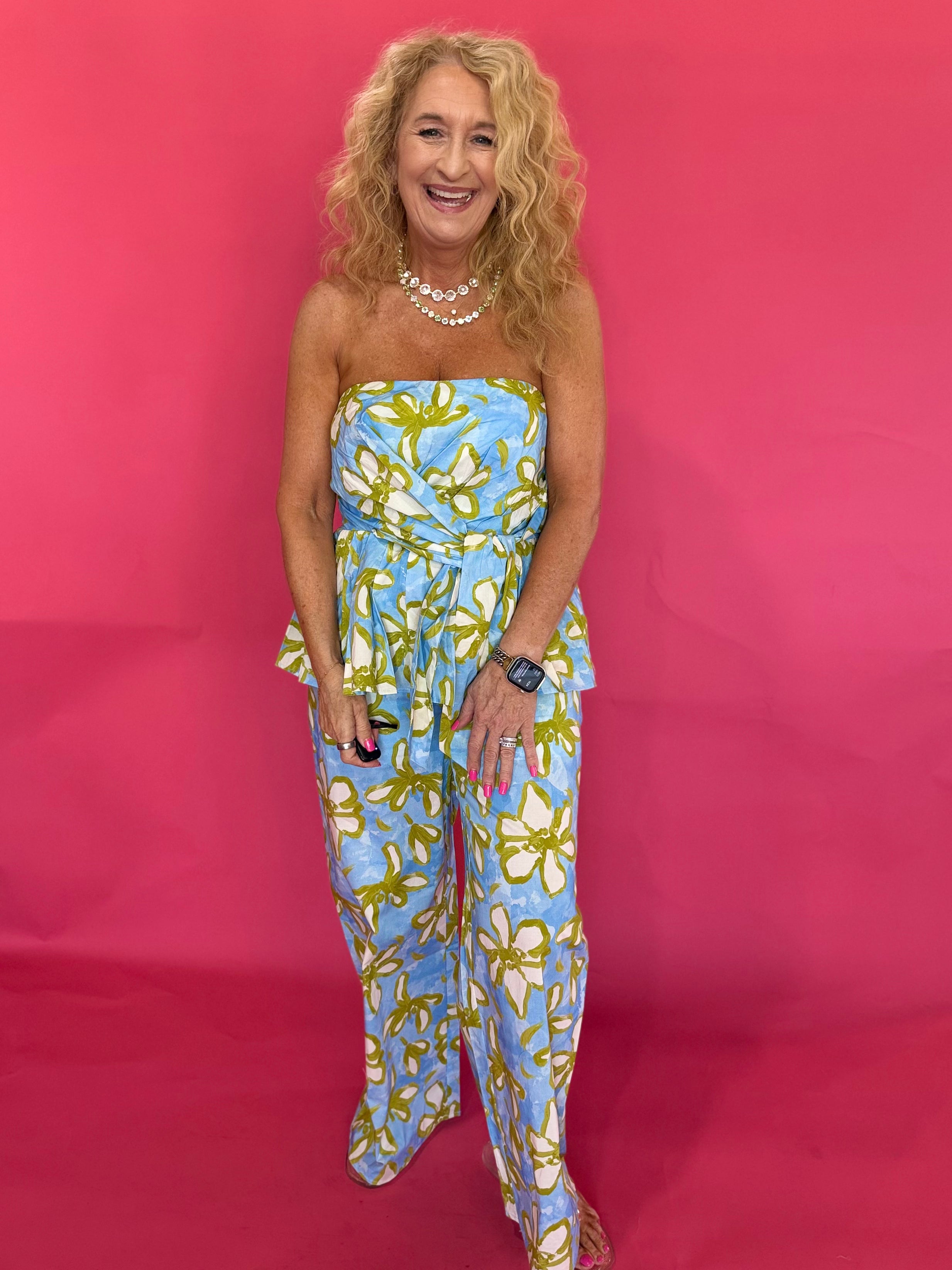 Blue and yellow floral strapless peplum top with self-tie front and smocked back – Shabby 2 Chic Boutiques