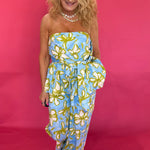 Blue and yellow floral wide-leg pants with elastic drawstring waist and side pockets – Shabby 2 Chic Boutiques