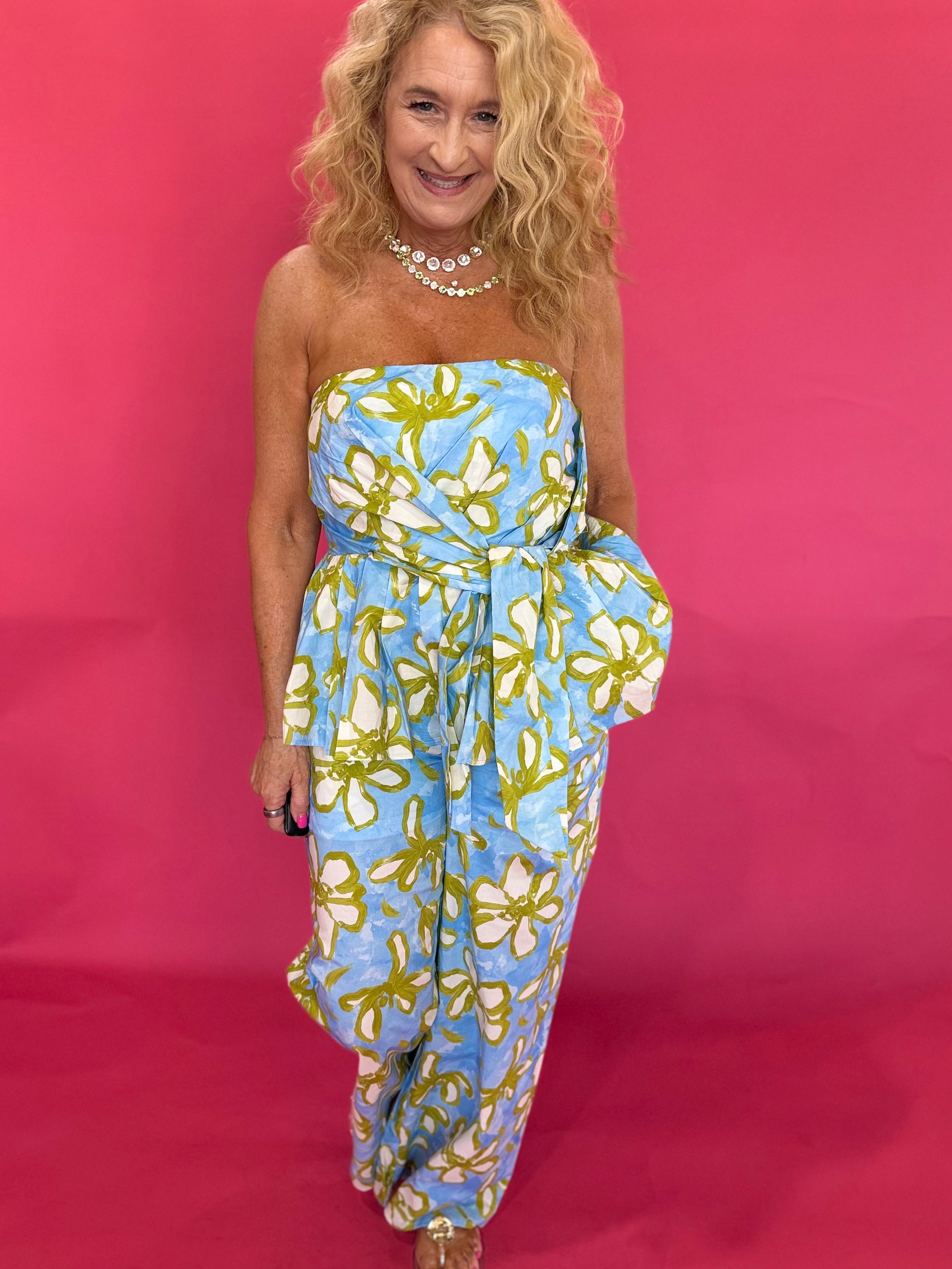 Blue and yellow floral wide-leg pants with elastic drawstring waist and side pockets – Shabby 2 Chic Boutiques