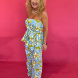 Blue and yellow floral strapless peplum top with self-tie front and smocked back – Shabby 2 Chic Boutiques