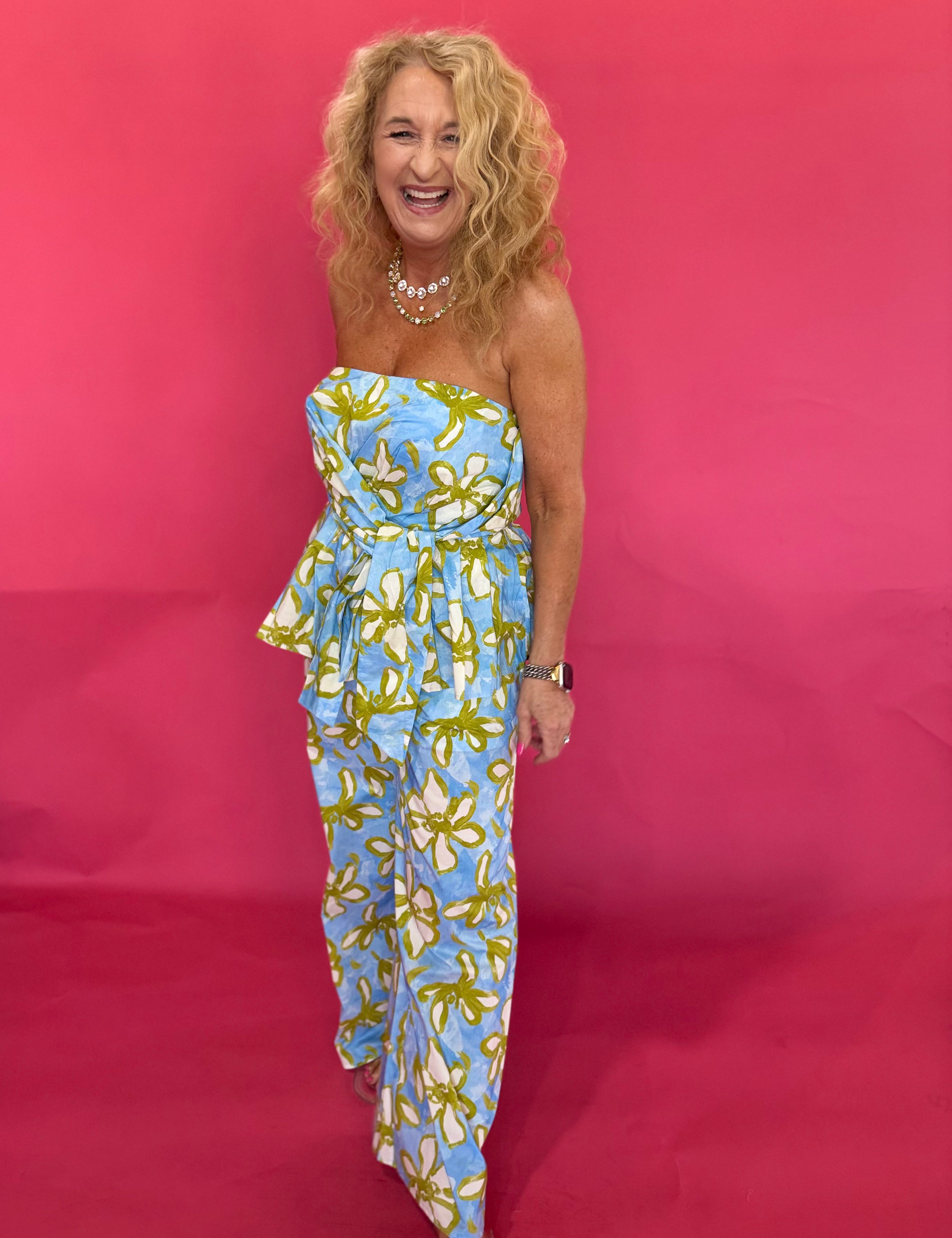 Blue and yellow floral strapless peplum top with self-tie front and smocked back – Shabby 2 Chic Boutiques