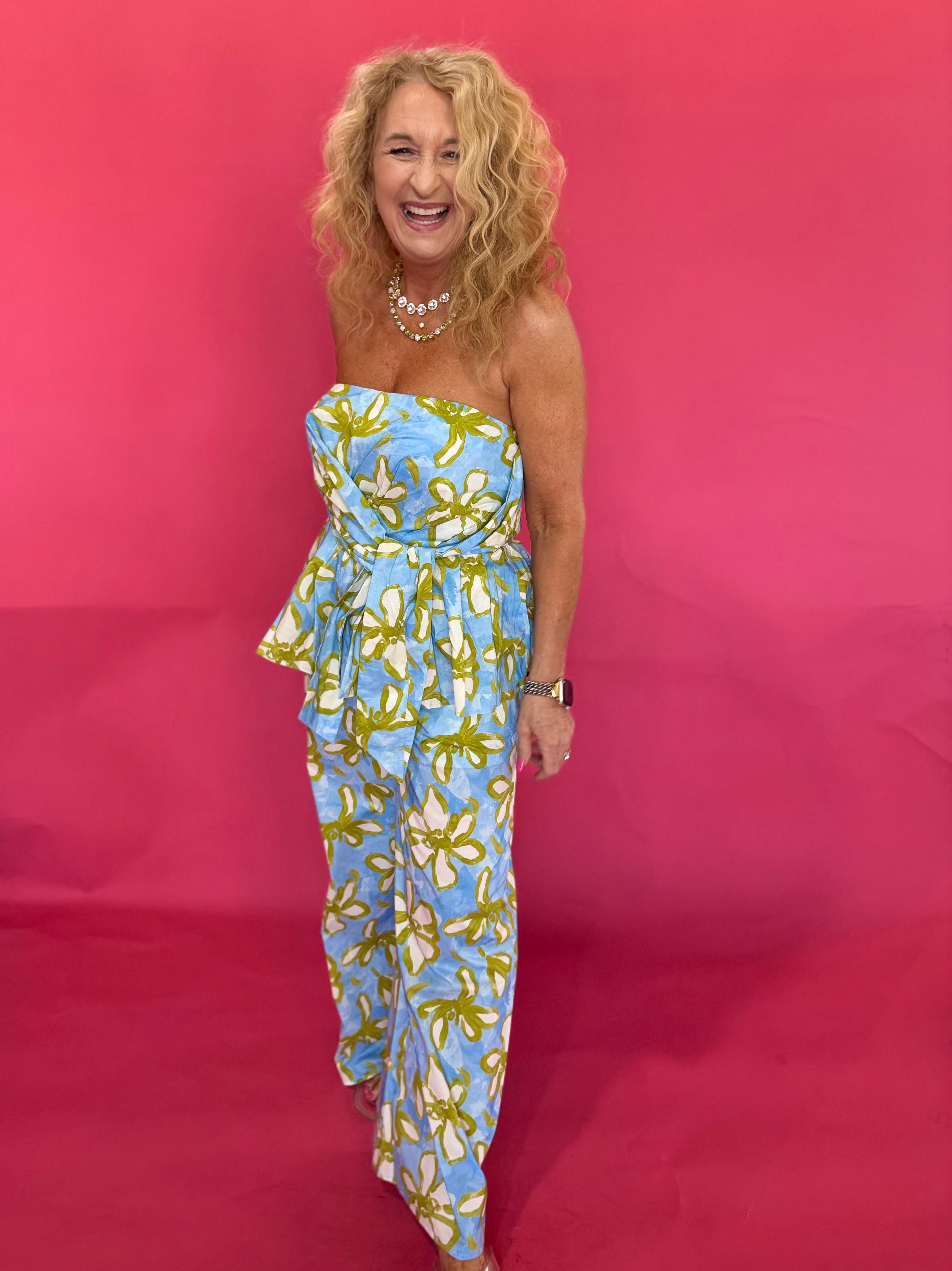 Blue and yellow floral strapless peplum top with self-tie front and smocked back – Shabby 2 Chic Boutiques