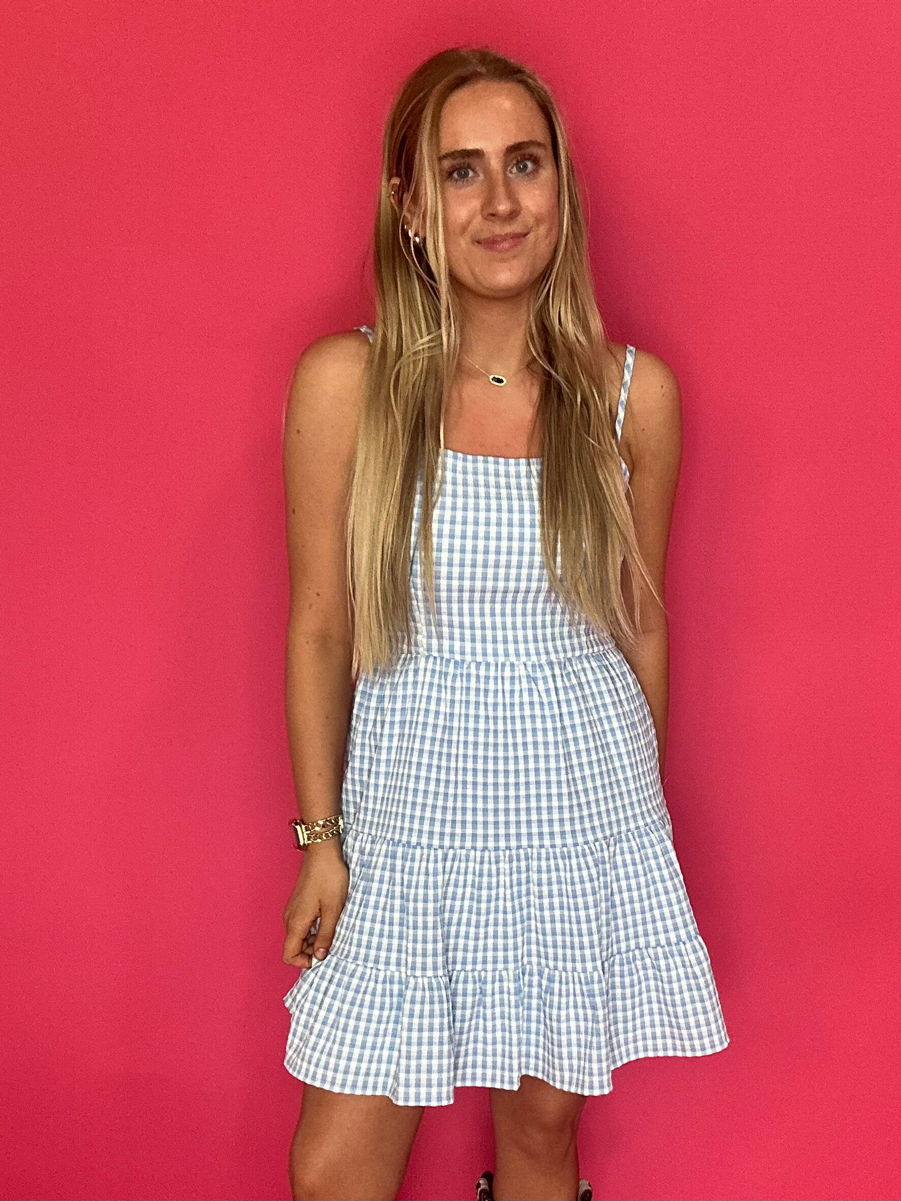 Blue Skies Gingham Tiered Mini Dress - Shabby 2 Chic Boutiques