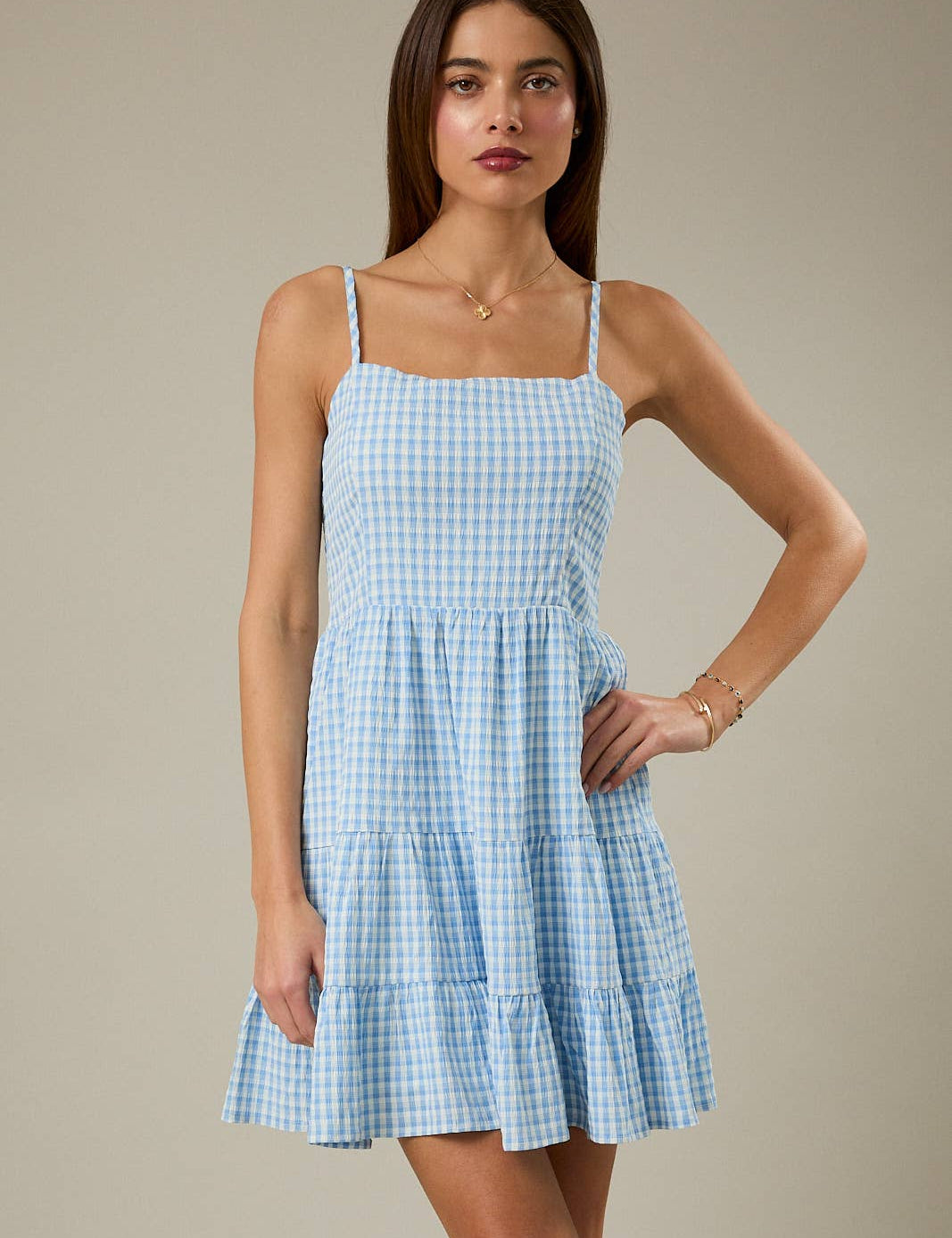 Blue Skies Gingham Tiered Mini Dress - Shabby 2 Chic Boutiques