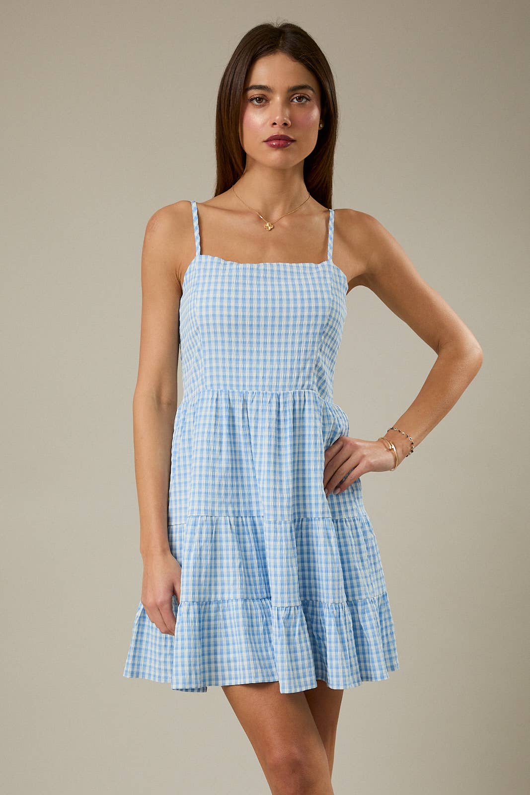 Blue Skies Gingham Tiered Mini Dress - Shabby 2 Chic Boutiques