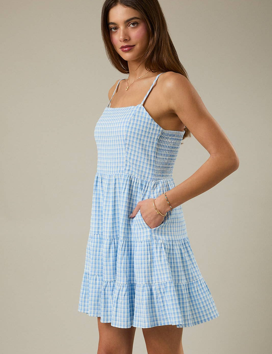 Blue Skies Gingham Tiered Mini Dress - Shabby 2 Chic Boutiques