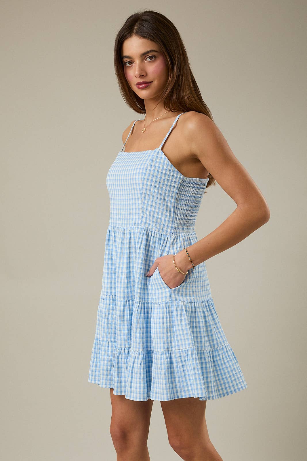 Blue Skies Gingham Tiered Mini Dress - Shabby 2 Chic Boutiques