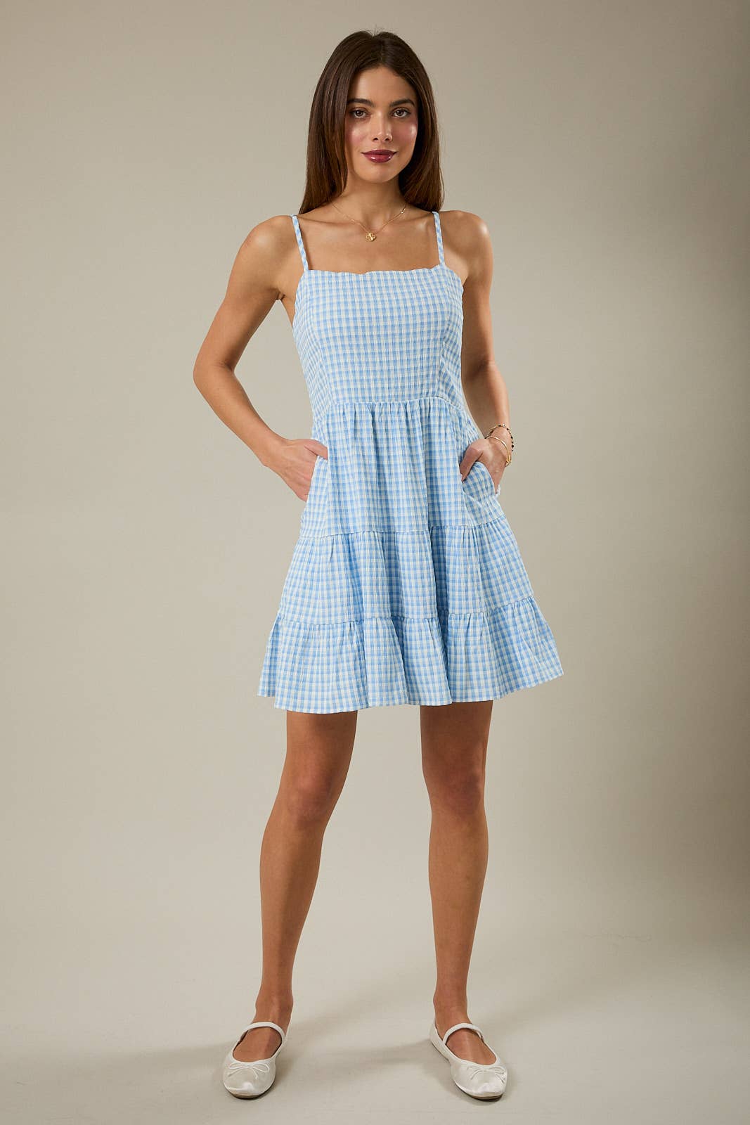 Blue Skies Gingham Tiered Mini Dress - Shabby 2 Chic Boutiques