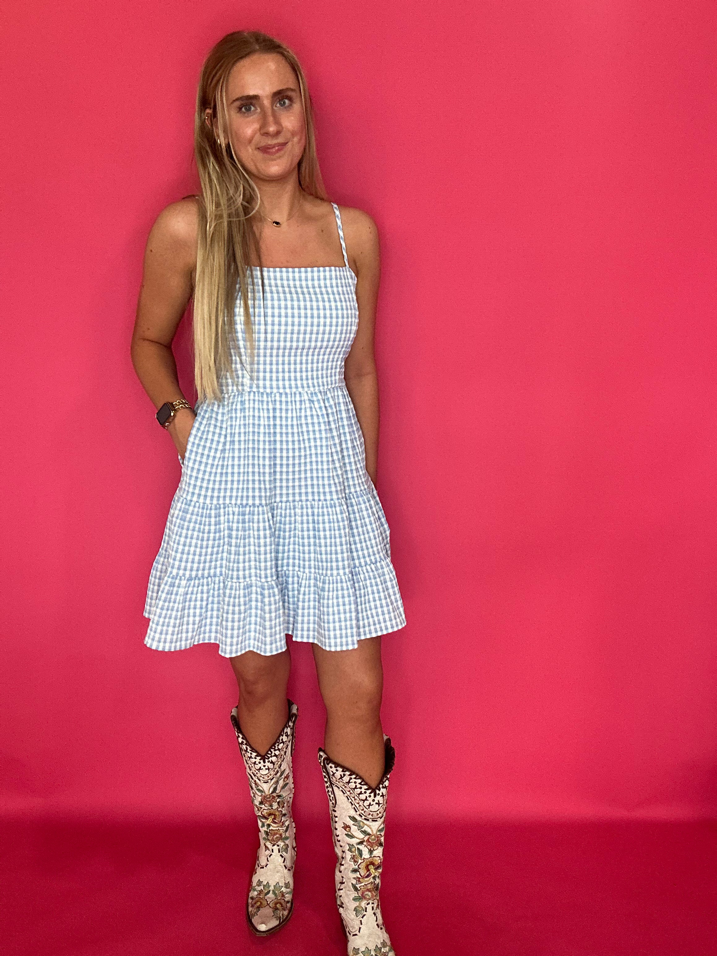 Blue Skies Gingham Tiered Mini Dress - Shabby 2 Chic Boutiques
